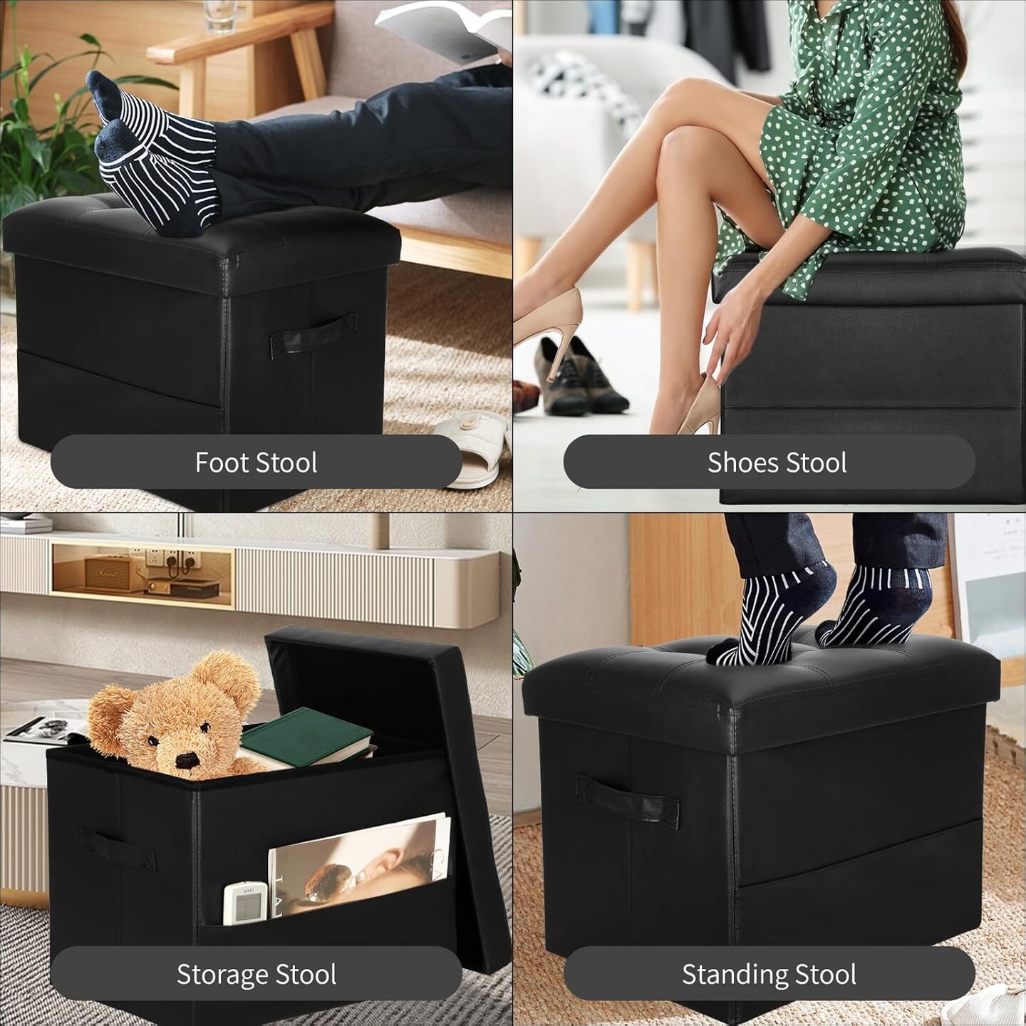 Ottoman Foot Rest Stool Storage with Padded Seat (Black) 17"D x 13"W x 13"H