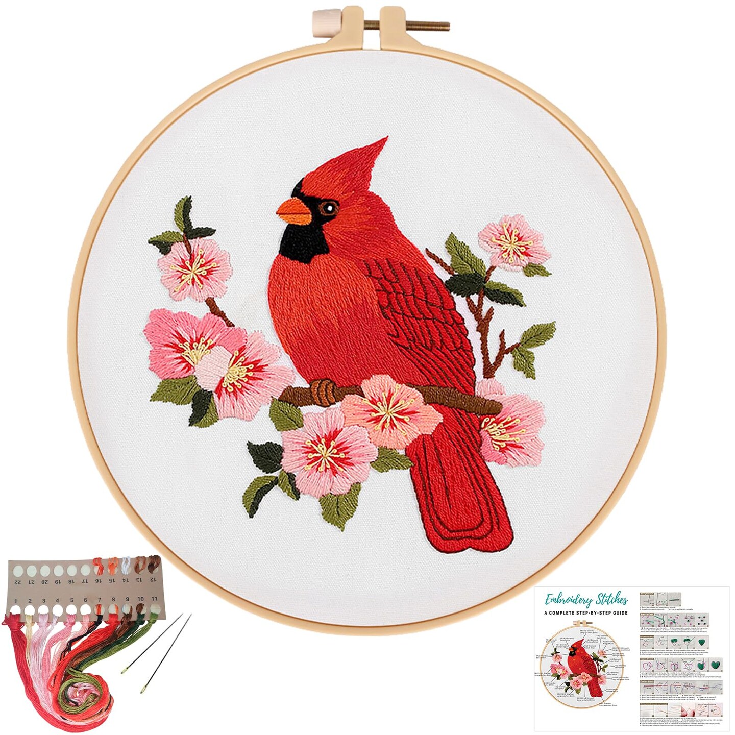 Louise Maelys Cardinal Embroidery Kits for Beginners with Bird Flower Pattern,Adults Starter Cross Stitch Kit DIY Needlepoint