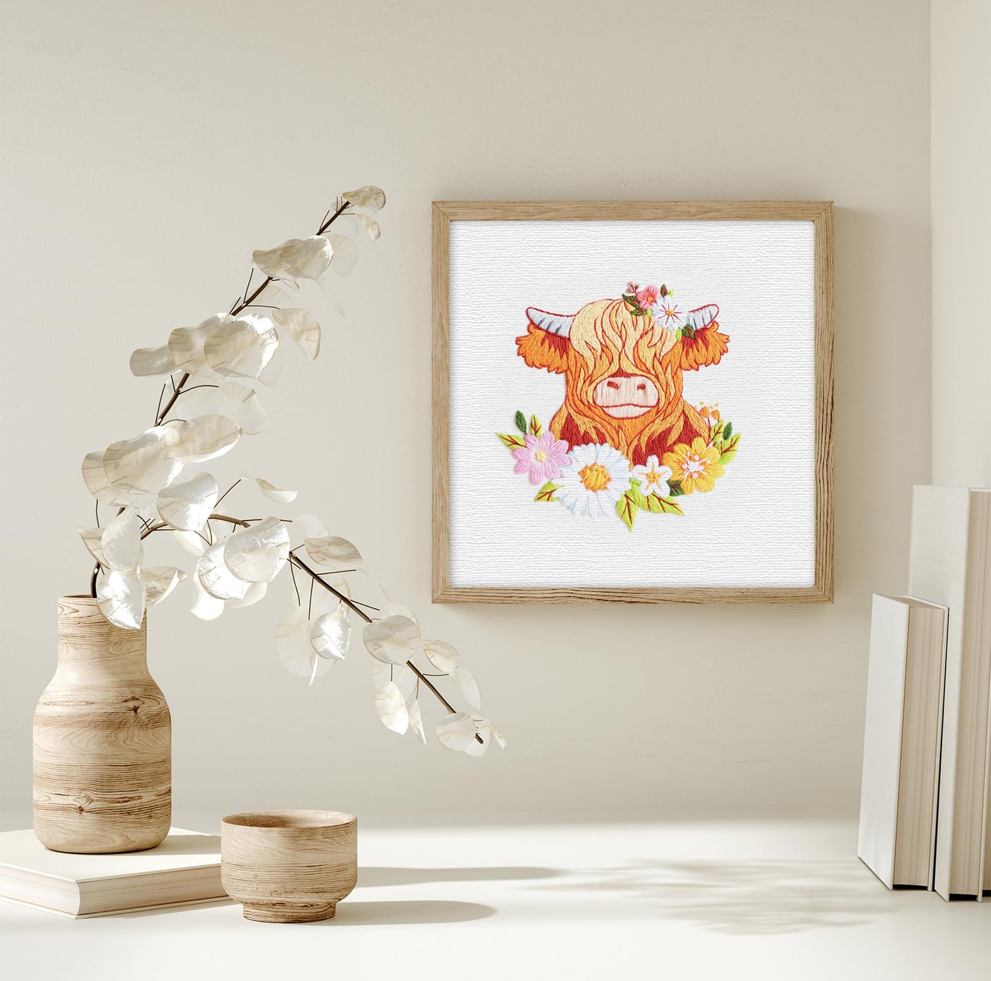 Highland Cow Embroidery Kits for Beginners,Cross Stitch Kit for Adults,DIY Needlepoint for Starters Including Cloth Hoop Needles Instruction and Threads