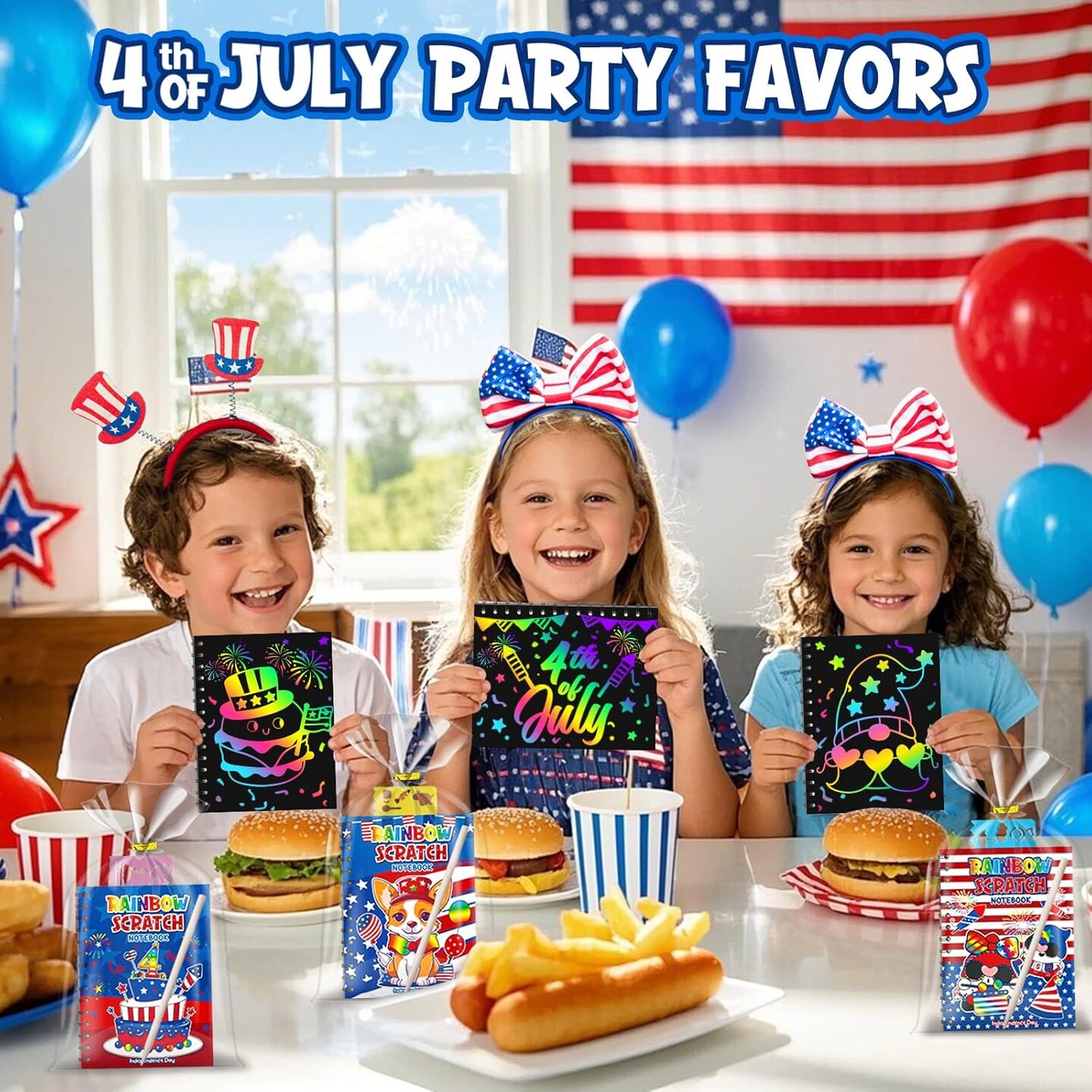 24 Pack 4th of July Rainbow Scratch Art Notebook Party Favors