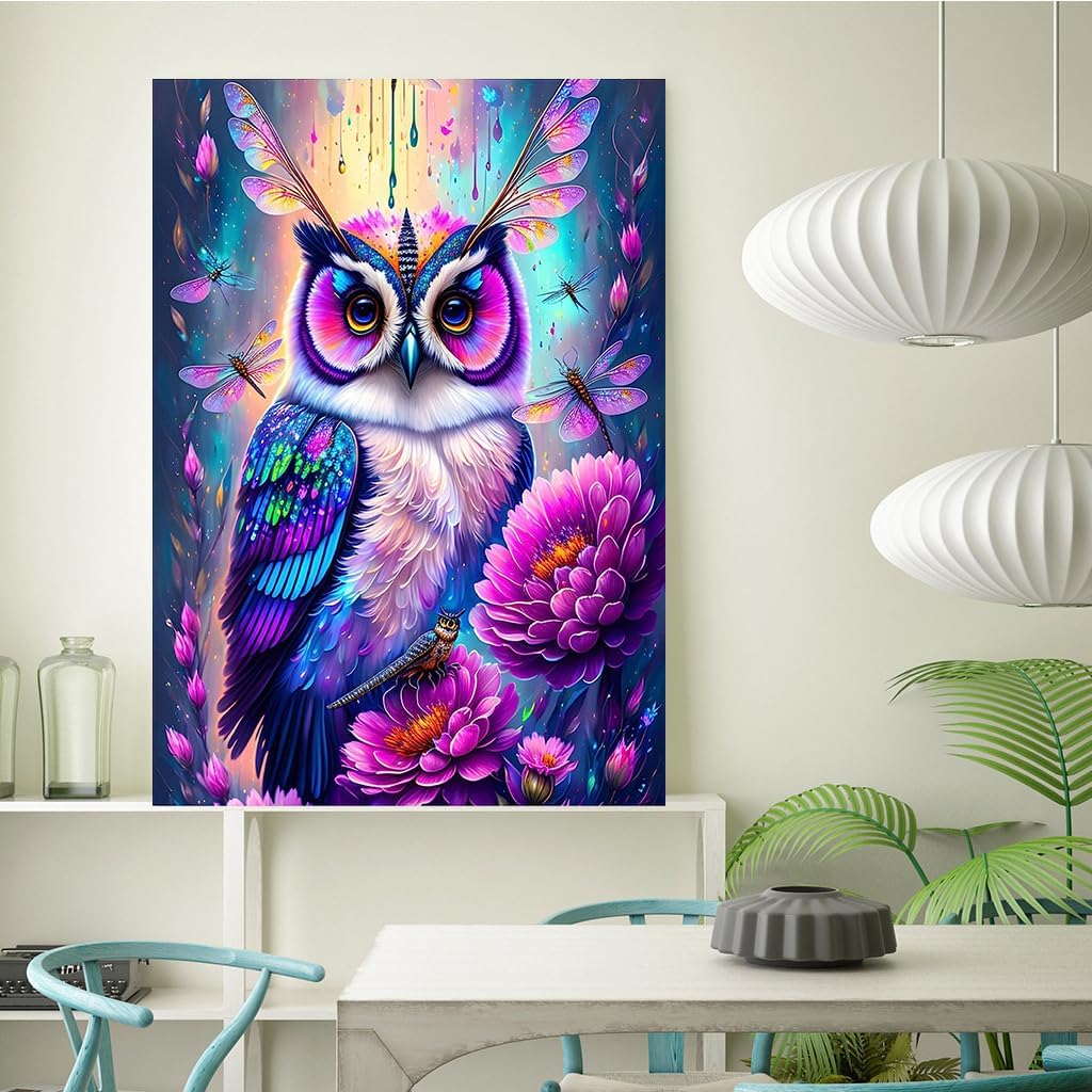 Kit Peinture Diamant 5D QQYRHN - Hibou Fantasy Avec Fleurs 30x40 Cm - Art Diamant Pour Adultes Débutants
