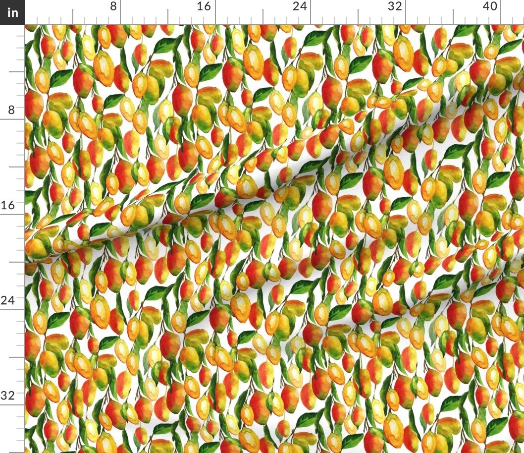 Watercolor Mango Tropical Fruit Colorful Summer Bright Mangoes Yellow Orange Green Custom Printed Fabric by Spoonflower Various Fabrics by the Yard or Fat Quarter