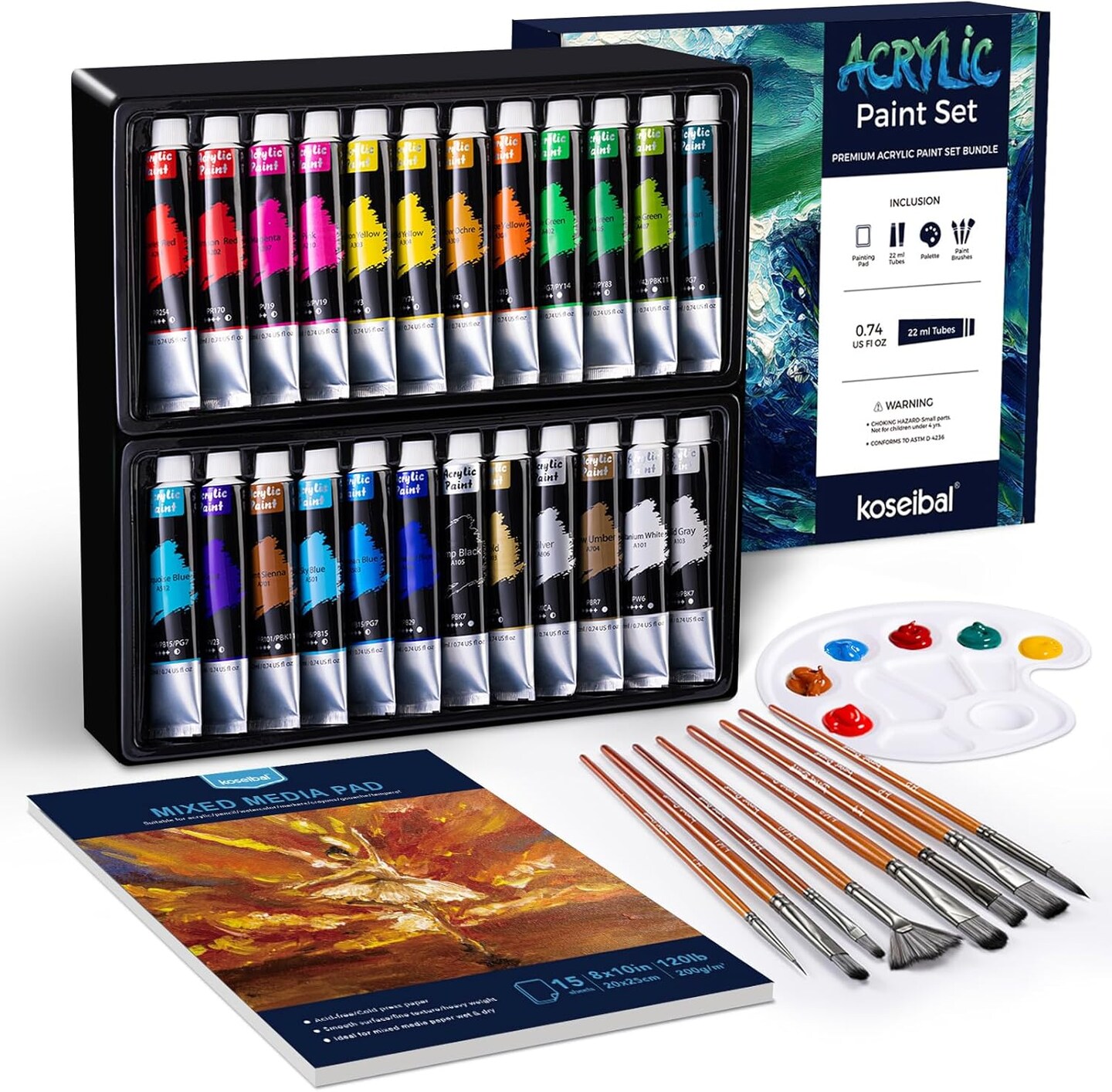 Acrylic Paint Set - Art Painting Supplies Kit for Kids & Adults with 24x22ml Acrylic Paints, 8 Brushes, 1 Painting Pad & Palette - Idea Gift Painting Kit for Student