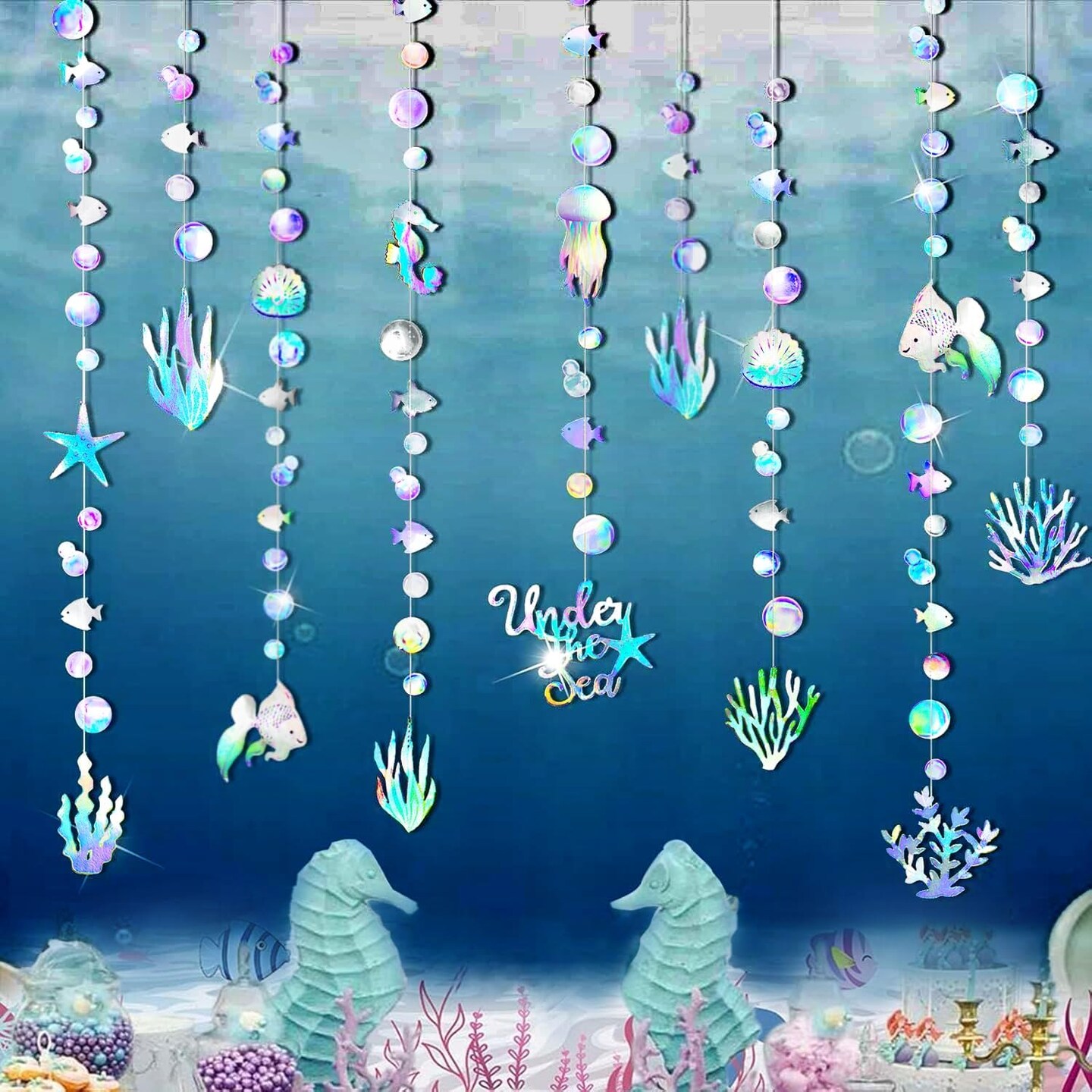 thumbnail image 2 of Under The Sea Party Hanging Decorations – 5 Ocean Creatures Whirls, Metallic & Paper, By Beistle 2 of 6