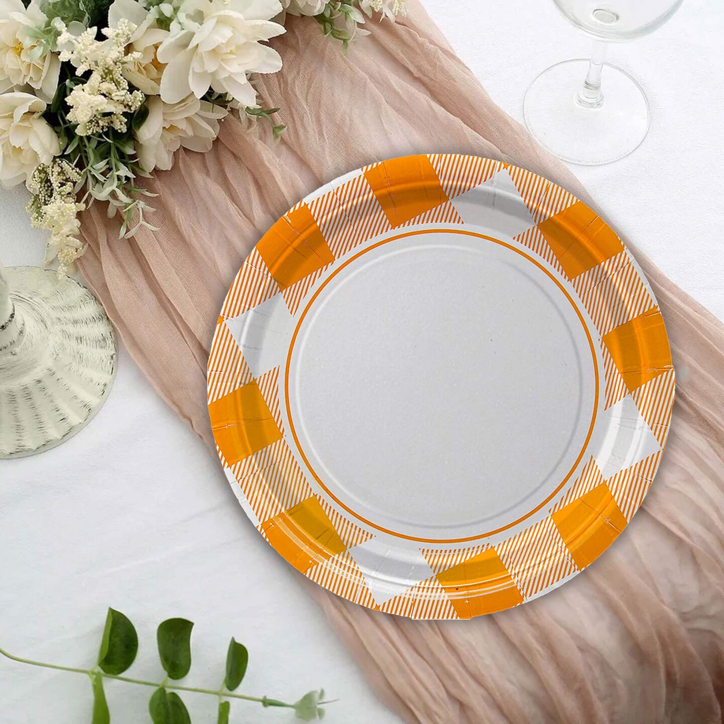 8 Count Orange Plaid Paper Dessert Plates 7 Inch for Fall and Party Tableware
