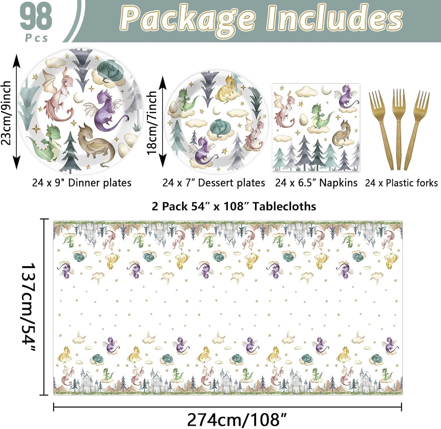 98 Pcs Watercolor Dragon Party Tableware Set 24 Guest (White, Green, Purple)