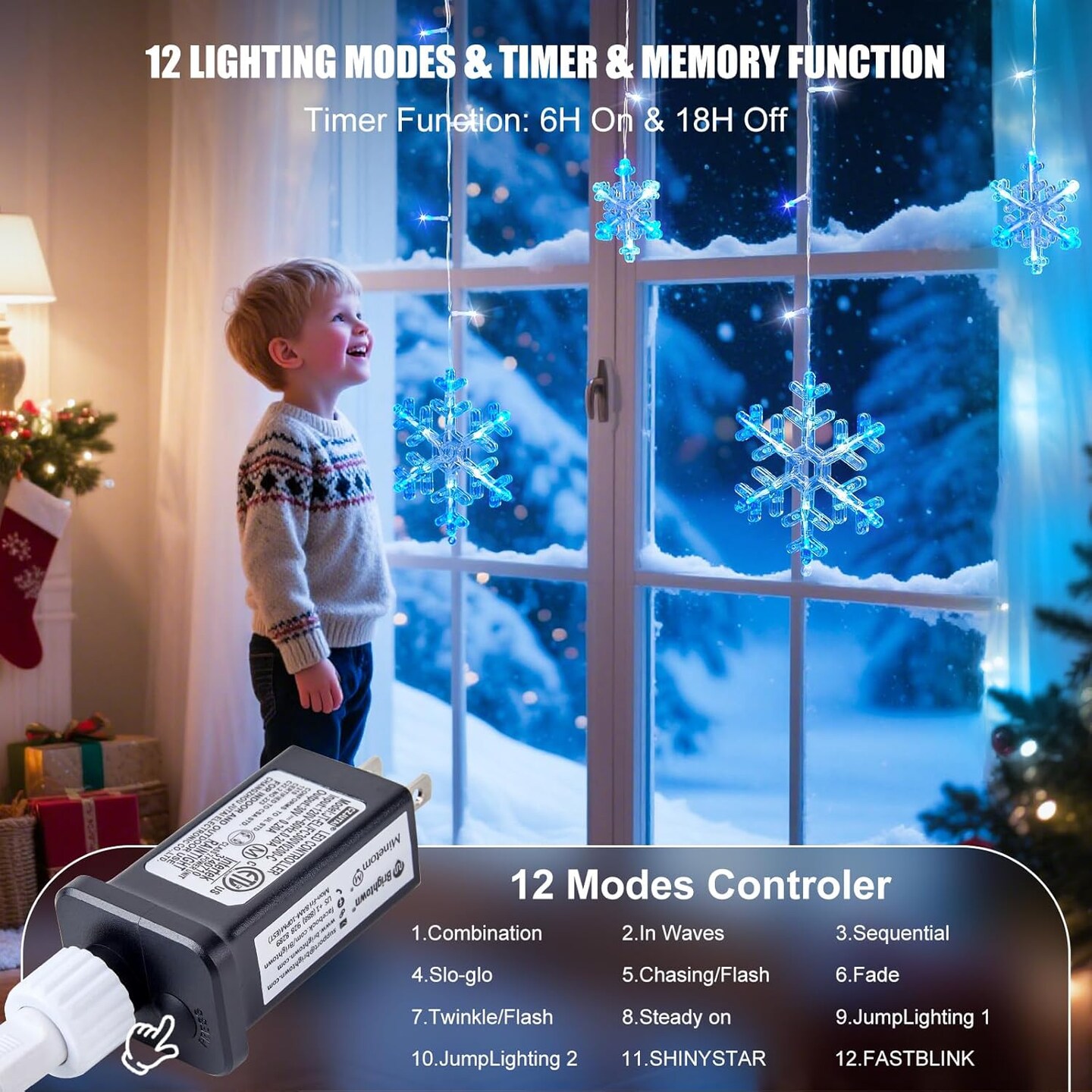Christmas Snowflake Lights - 13ft 192LED Snowflake Icicle Lights with 16 Drops, 12 Modes and Timer