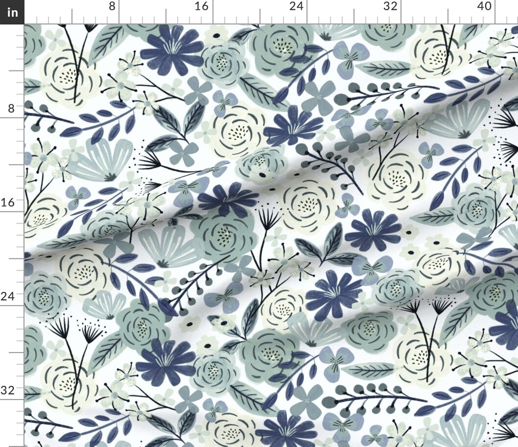 Blue Boho Floral Sage Green Floral Wilderness Large Scale Navy Custom Printed Fabric by Spoonflower Various Fabrics by the Yard or Fat Quarter
