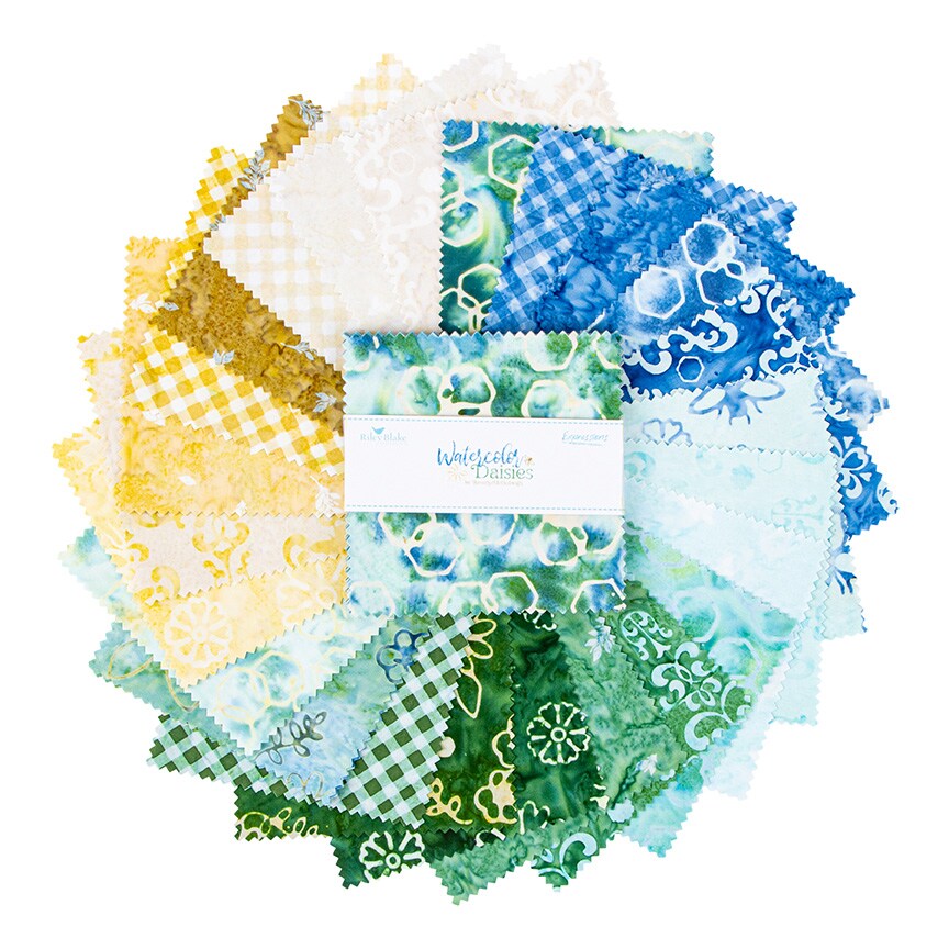 Expressions Batiks 5" Square Pack (Charm Pack / 5" Stacker) in Watercolor Daisies by Beverly McCullough for Riley Blake (5-23246-42)