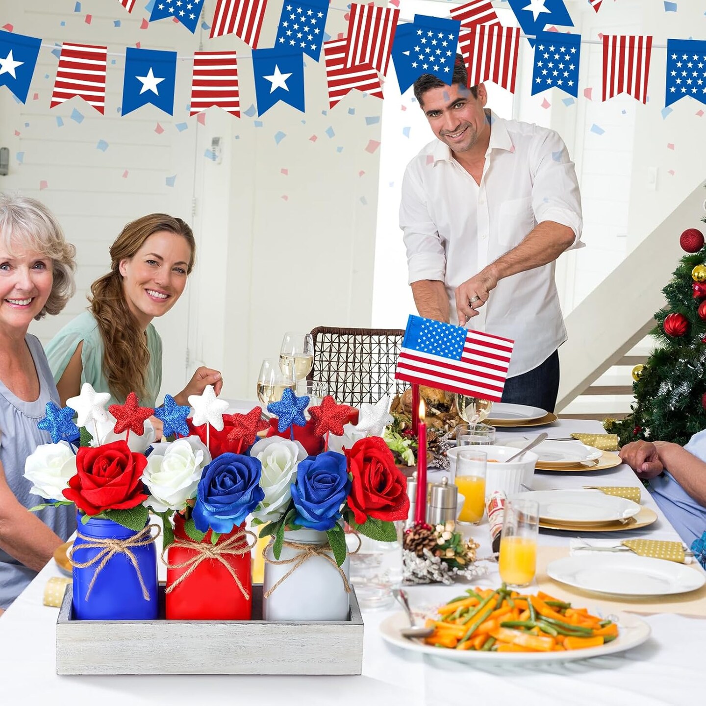 4th of July Mason Jar Centerpiece &#x2013; Patriotic Farmhouse Table Decor Set
