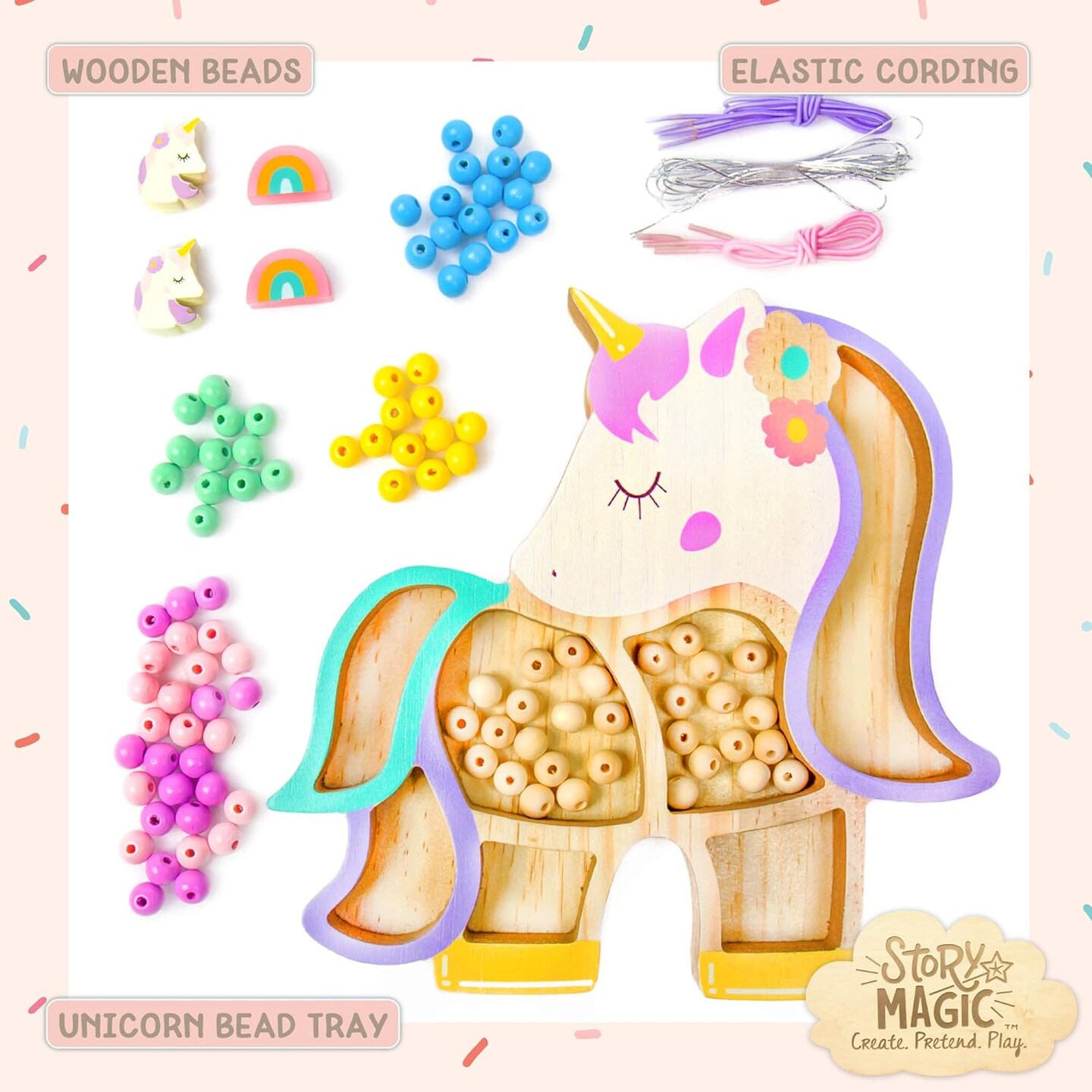 Unicorn Bead Set by Horizon Group USA, Create Your Own Magical Beaded Jewelry, Includes Over 100 Natural Wooden Beads Large Hole, 5 Pre-Cut Elastic Cords with Shoelace Ends, Storage Case