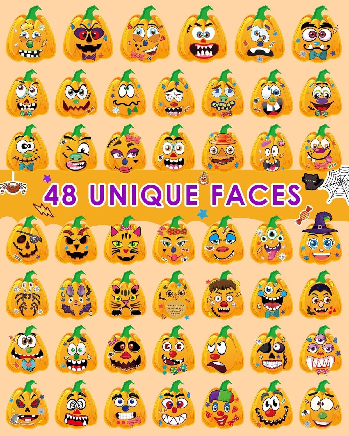 Pumpkin Decorating Stickers Kit - 48 Different Fun Faces
