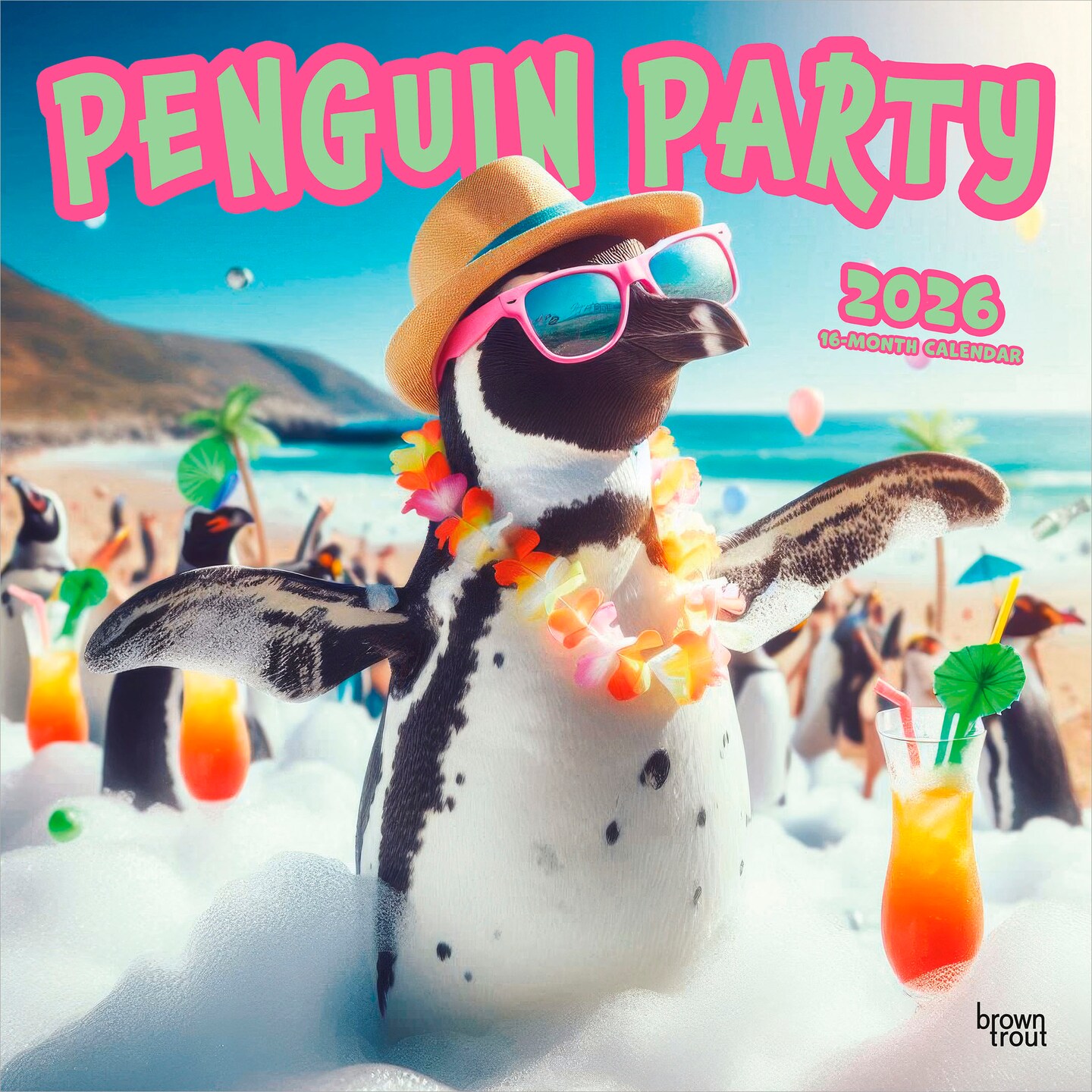 Penguin Party | 2026 12 x 24 Inch (Hanging) Monthly Square Wall Calendar | Plastic-Free | BrownTrout | Pets Funny Animals Birds