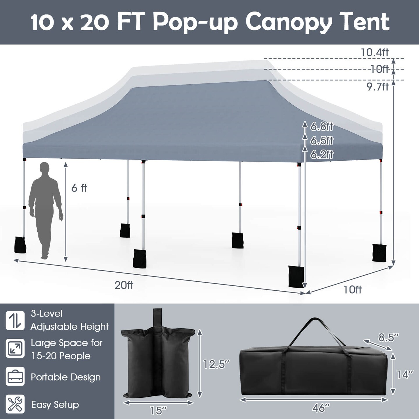 Costway 10 x 20 FT Pop-up Canopy UPF50+ Sun Protection Tent with Carrying Bag Blue/Black/Grey/White/Pink