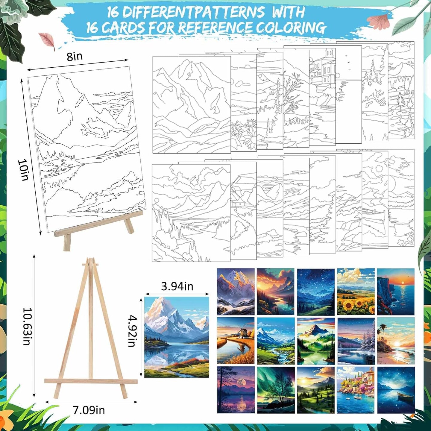 16 Sets Pre Sketched Coloring Canvas with Easels and Brushes (8x10 Inch, Landscape)