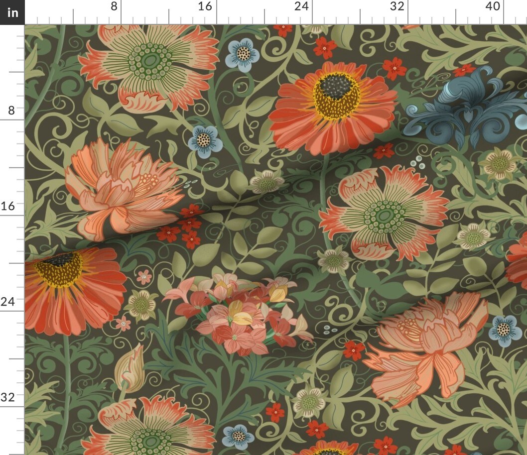 Art Nouveau Antique Floral William Morris Vintage Victorian Moody Arts And Crafts Garden Botanical Edwardian Green Red Custom Printed Fabric by Spoonflower Various Fabrics by the Yard or Fat Quarter