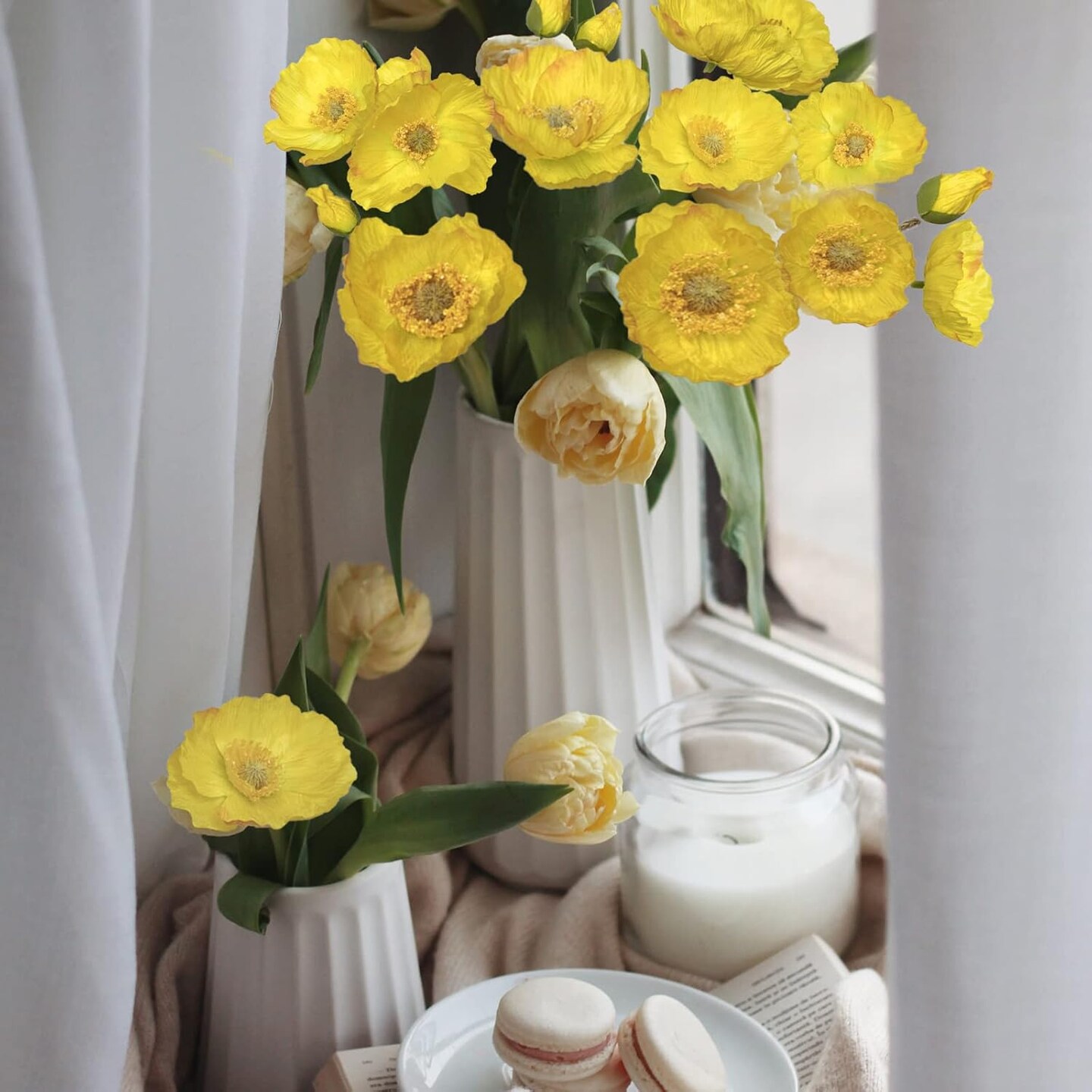 Artificial Flowers 5Pcs Poppies Flowers Artificial Silk Flowers (Yellow)