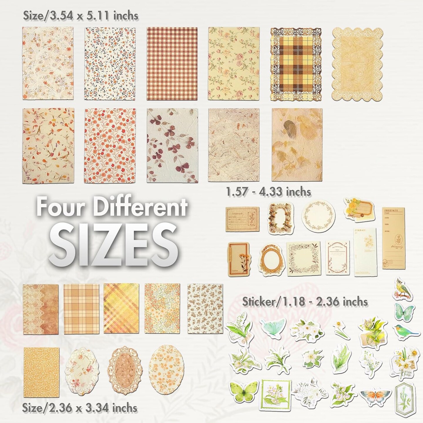 400pcs Vintage Floral Scrapbook Paper & Journaling Stickers Assorted Set (Four Season Flower) 6.3 x 4.3 x 0.04 inches