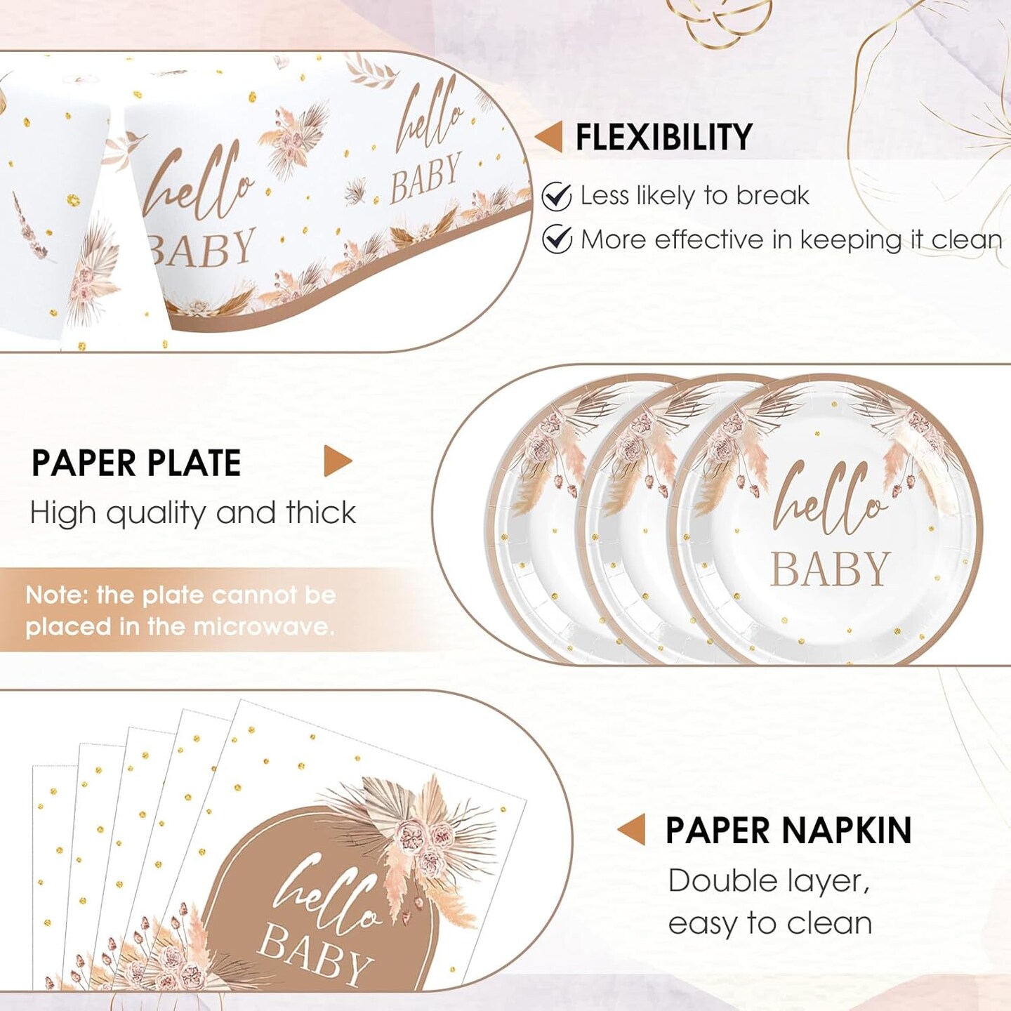 Bohemian Floral Pampas Grass Theme Tableware Baby Shower Decorations