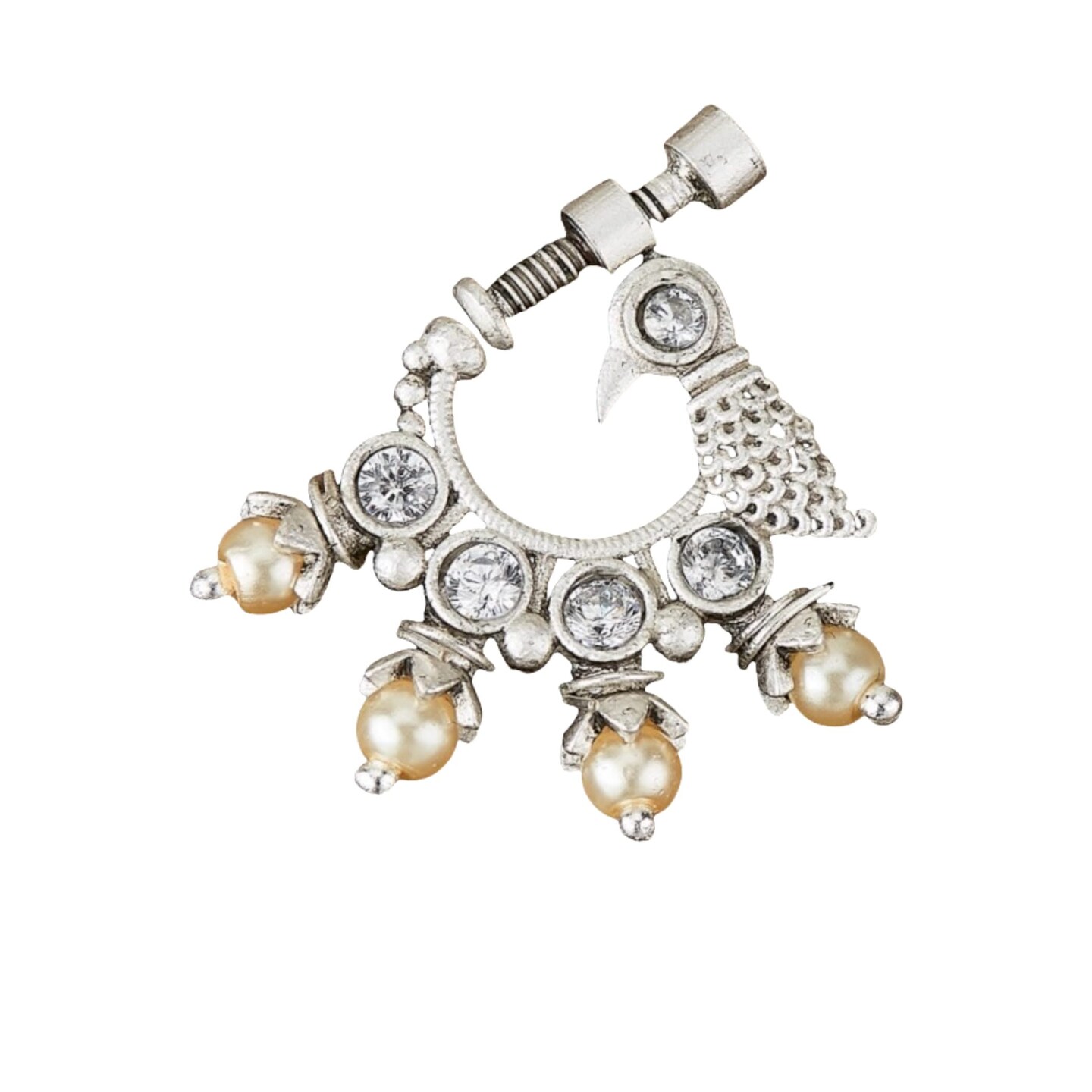 Screw Lock Nose Ring for Women - Indian Bird Nose Ring German Silver Nath with Rhodium Plating Faux Pearl Nosepin Non-Piercing Bridal Jewellery for Women - Birthday Gift for Her