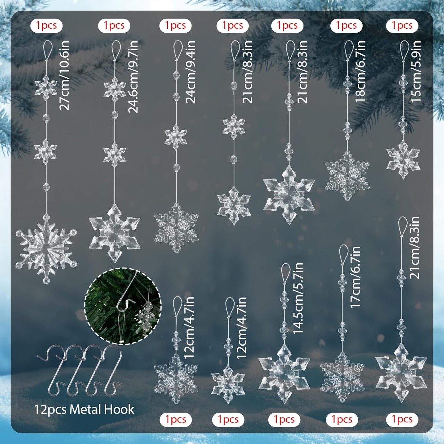 12pcs Crystal Christmas Ornaments - Transparent