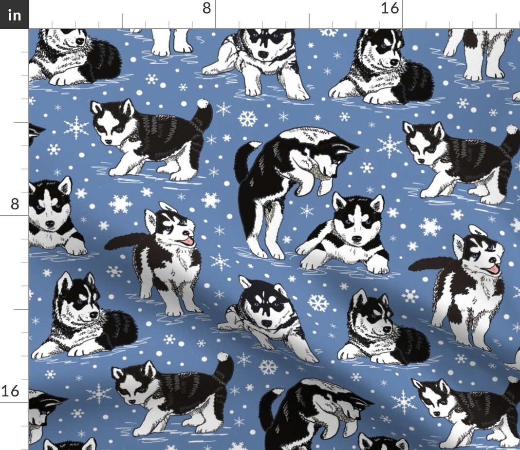 Husky Puppies Snowflakes Puppy Dogs Snow Sled Friend Custom Printed Fabric by Spoonflower Various Fabrics by the Yard or Fat Quarter