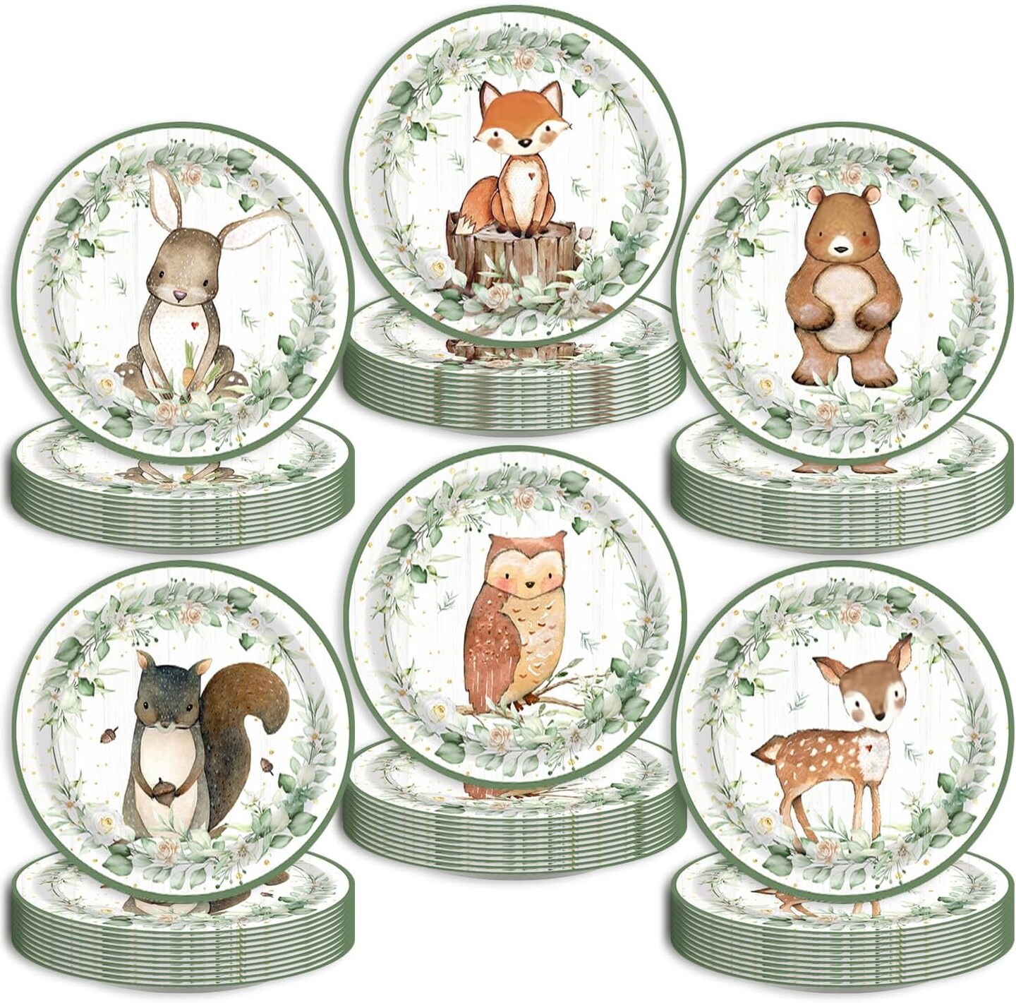 60Pcs Woodland Baby Shower Party Plates for 60 Guests (White and Green)