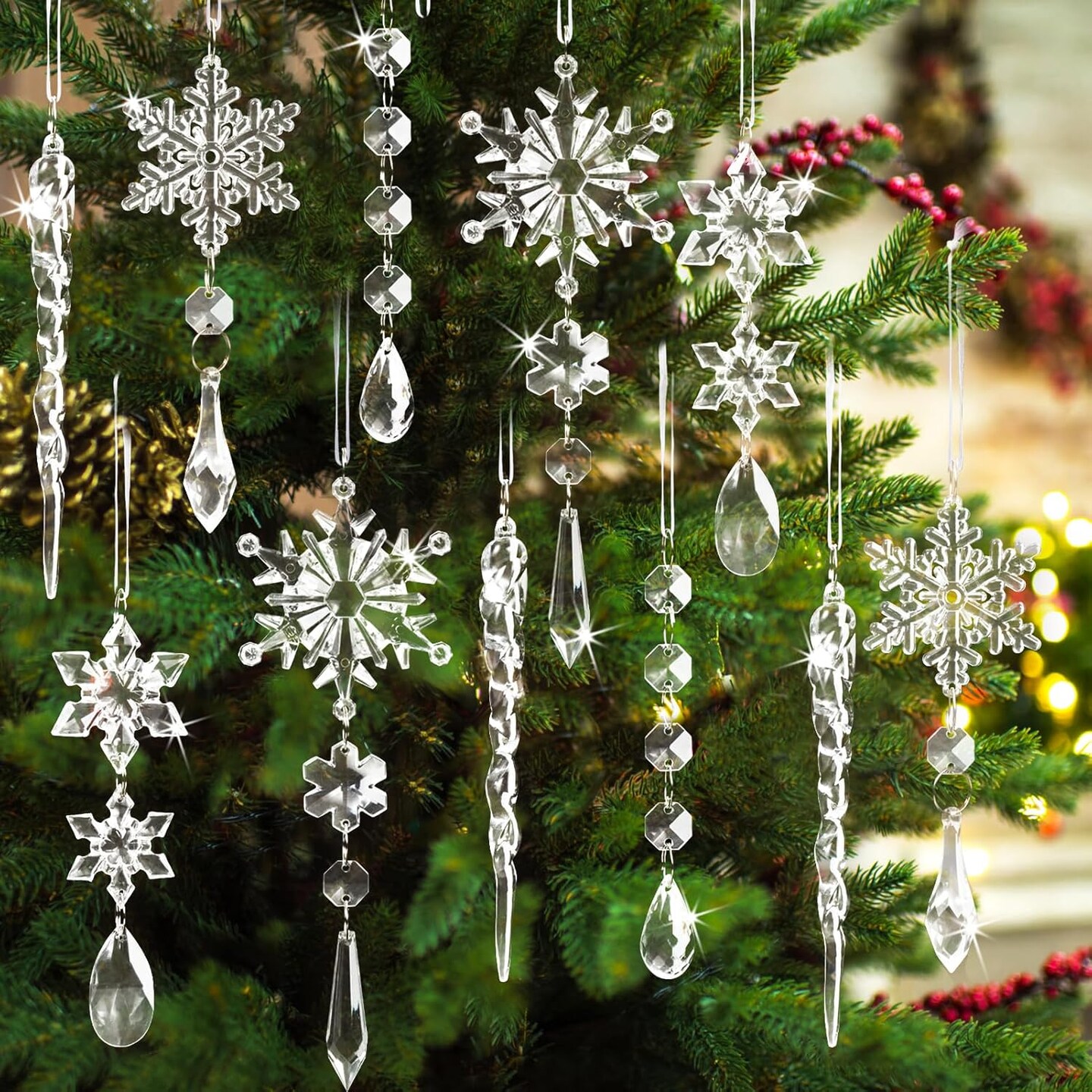 18pcs Crystal Christmas Ornaments - Clear Acrylic Snowflake Ornament