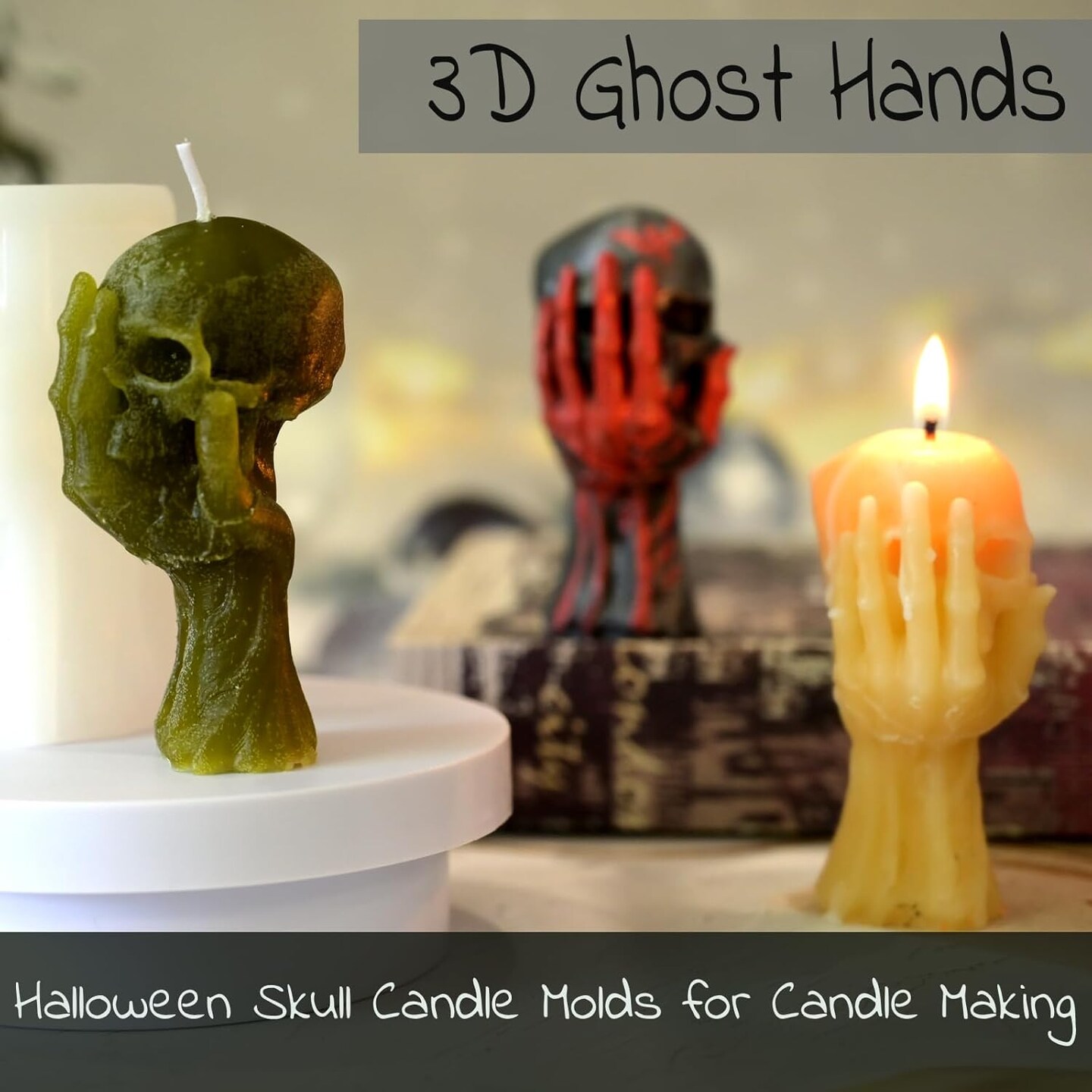 3D Skull & Ghost Hand Silicone Candle Molds – Epoxy Resin, Soap, and Candle Making Mold for Halloween, Aromatherapy, DIY Crafts