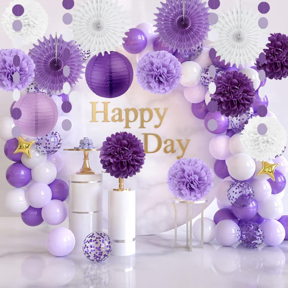 Purple White Lavender Party Decorations Paper Fans Paper Pom Pom Flowers Lanterns Baby Bridal Shower Wedding Bachelorette Graduation