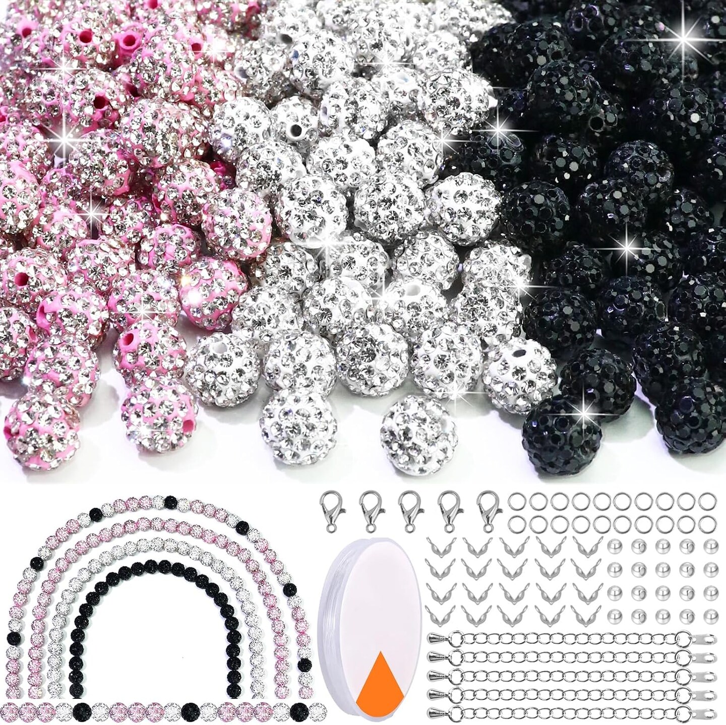 255PCS 10mm Rhinestone Beads for Baseball Rhinestone Necklace Bracelet Jewelry Making, Round Polymer Clay Beads for Crafts Beaded Pen, Shamballa Pave Disco Diamond Bead, Pink|White|Black