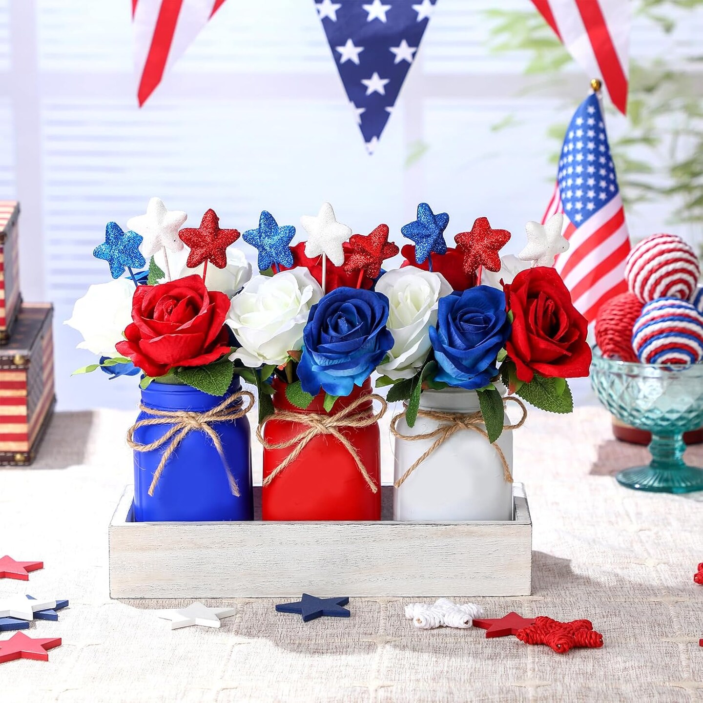 4th of July Mason Jar Centerpiece &#x2013; Patriotic Farmhouse Table Decor Set
