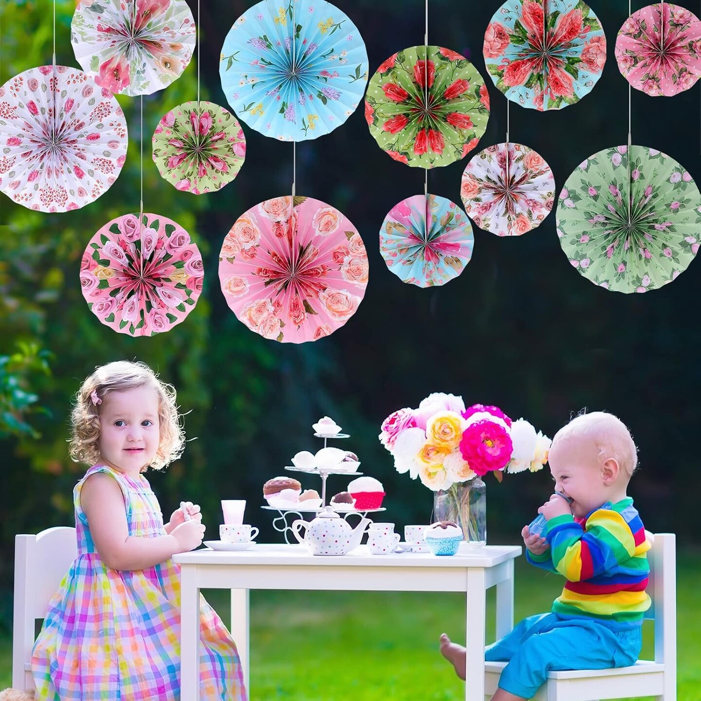12 Pcs Paper Flowers Hanging Decorations for Wall Paper Fans Tea Party Decoration Floral Backdrop Classroom Decor