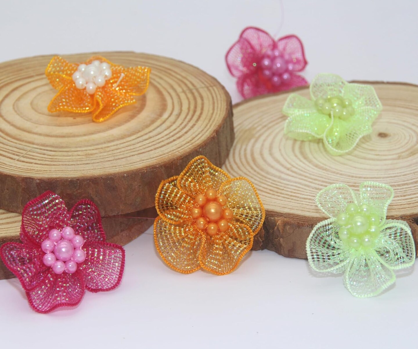 60pcs Craft Organza Flowers with Beads Organza Ribbon(Mixed Color)