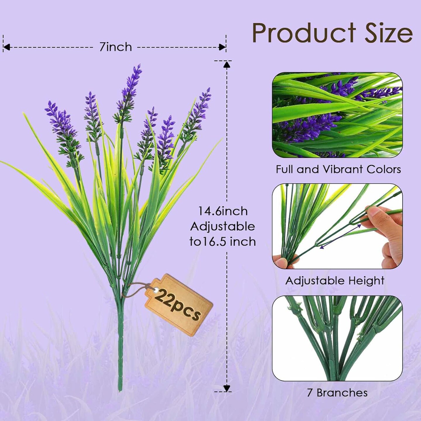 22 Pcs Artificial Outdoor Flowers UV Resistant Lavender Fake Greenery Plants Grass (22, Purple)