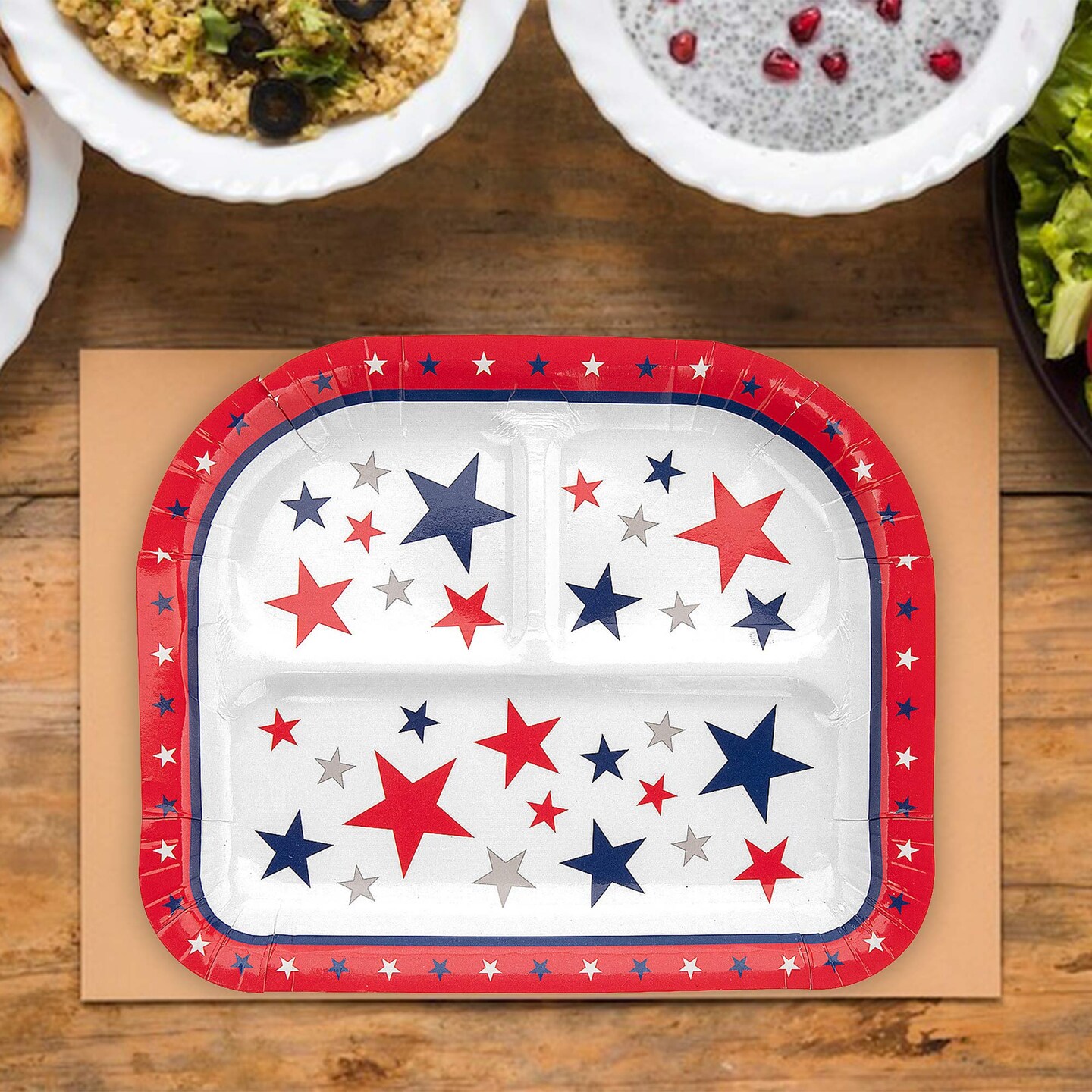 8 Count Patriotic Party Star Paper Dinner Plates with Compartments Red White Blue 8x9.5"