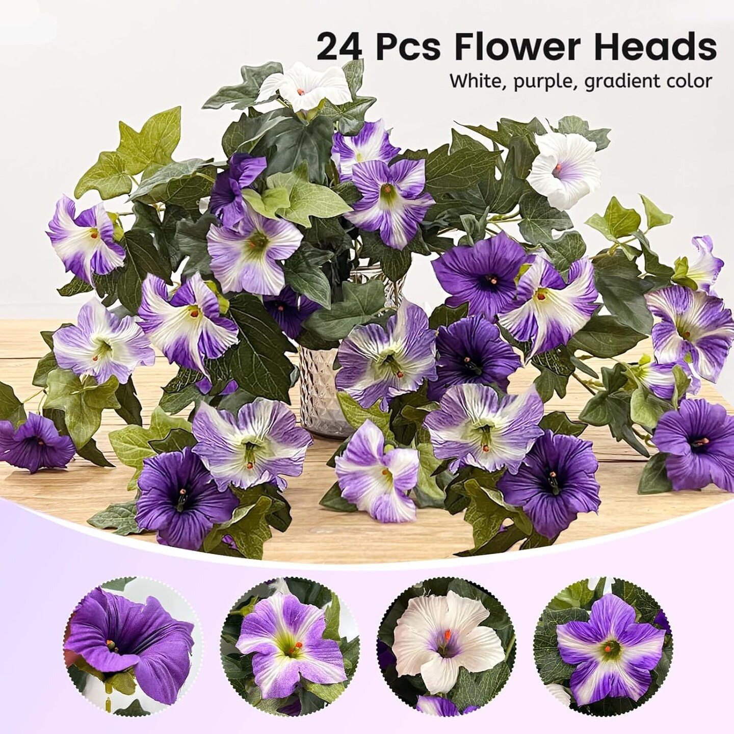 2Pack Artificial Hanging Flowers,24 Heads Silk Morning Glory Flowers(Purple,White)