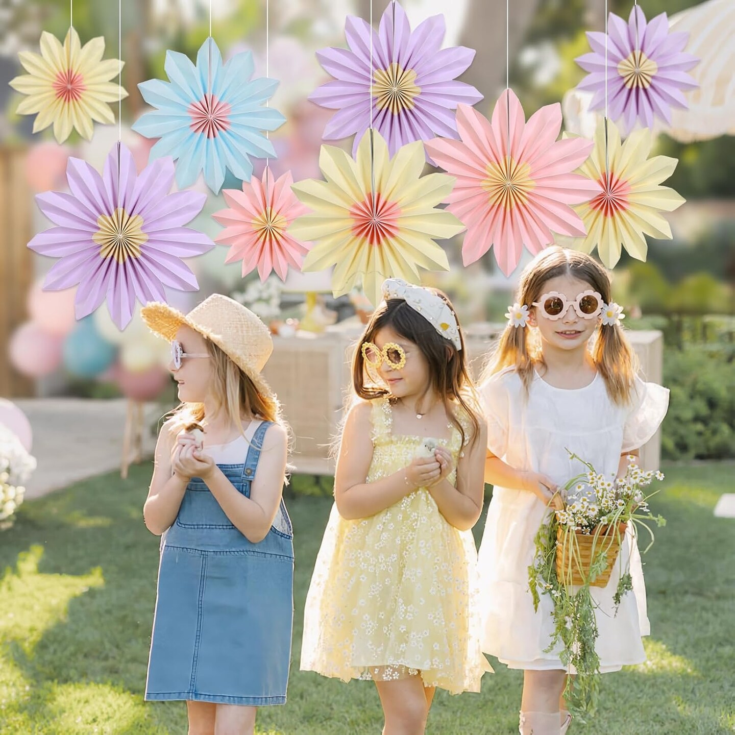 9 PCS Pastel Paper Flower Decorations,Yellow,Pink and Purple Pastel Party Decorations,Sunflower Folding Paper Fans,Classroom Decoration Paper Floral
