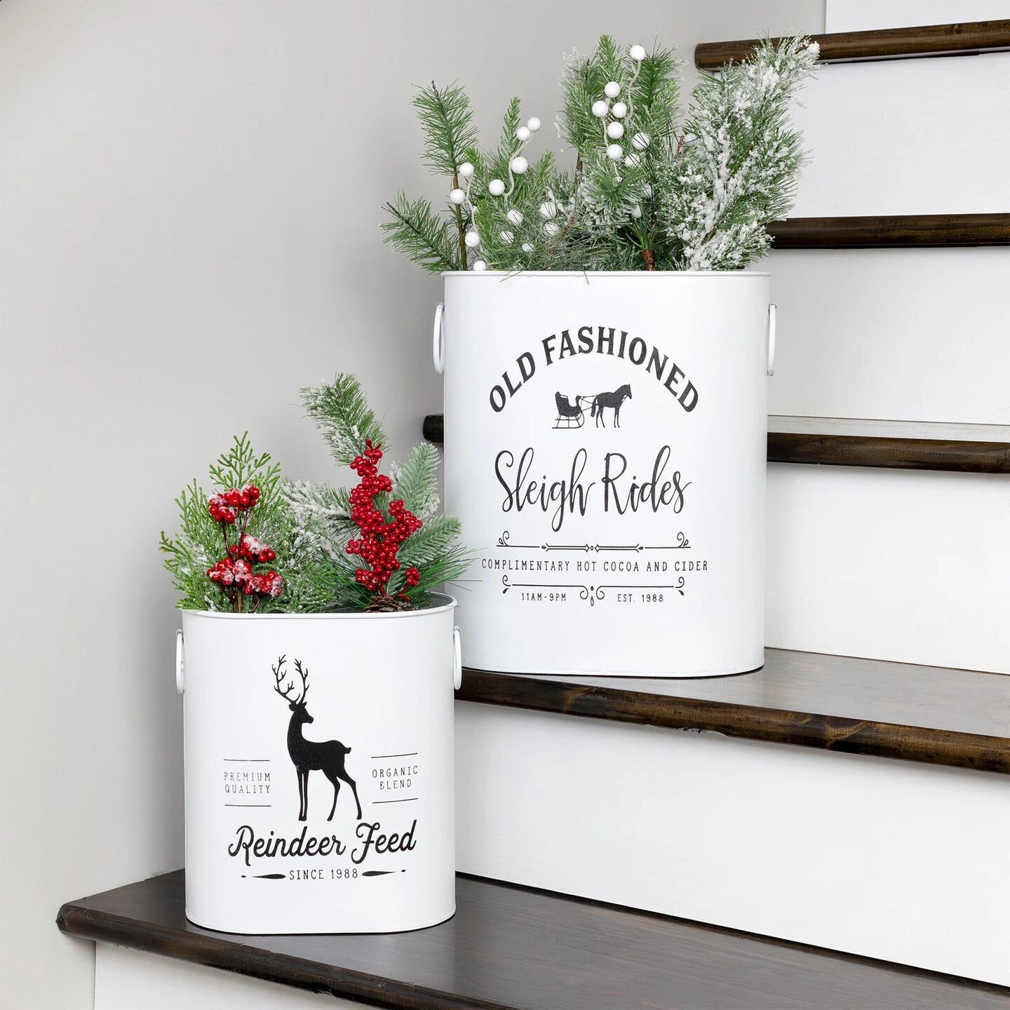 White Christmas Greenery Buckets 2pc Rustic Holiday Decor Set