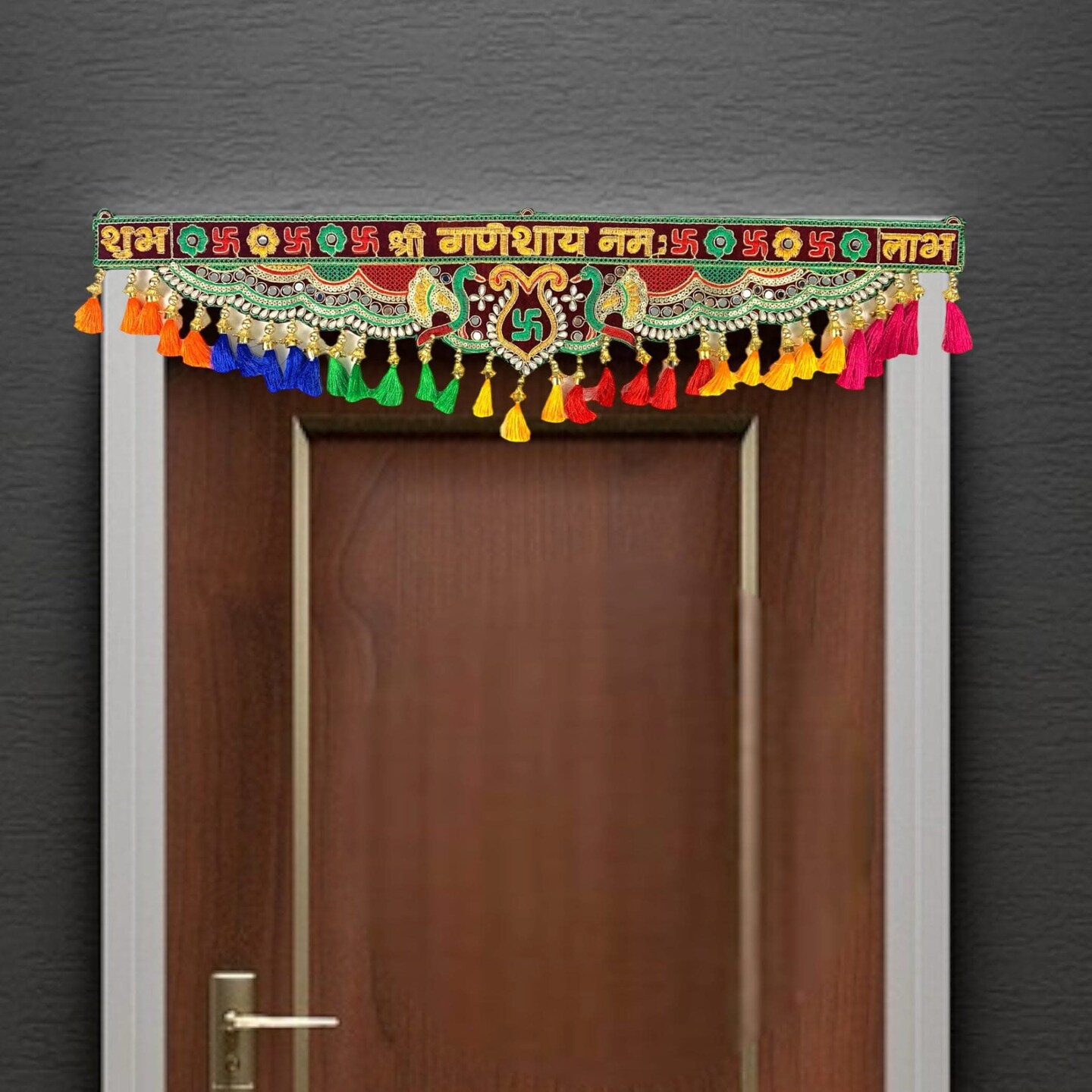 Indian Fabric Door Toran 36 Inch Bhandarwal Hanging Valance Velvet Embroidered Traditional Wall Decorative for Window Home Temple Decor Wedding Diwali Navratri Puja Housewarming Decorations