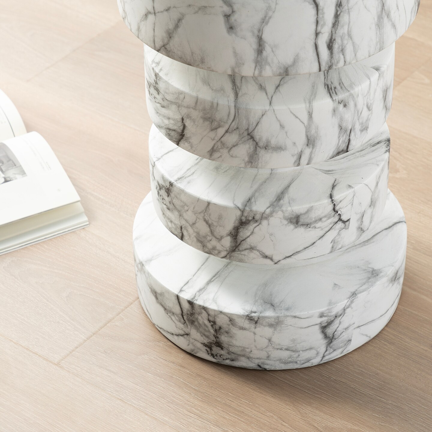 18&#x22;H Modern MGO Faux Marble Floating Disks Side Table or Accent Stool