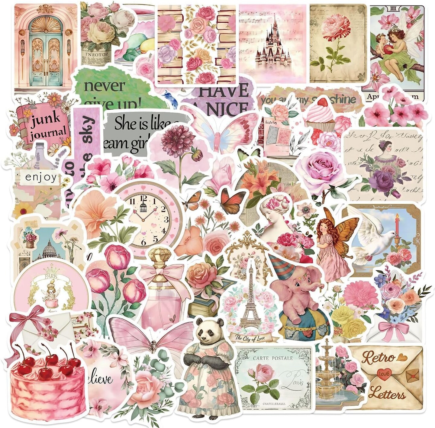 50pcs Vintage Pink Aesthetic Floral Sticker for Scrapbooking(Pink Floral)