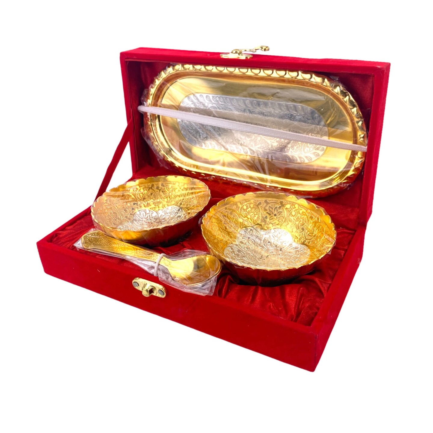 Gold Silver Plated Bowl Spoon Tray Set German Silver Bowl Dry Fruits Dessert Serving Set Diwali Christmas Eid Wedding Housewarming Return Gifts Puja Favor - Home Decor Corporate Gift