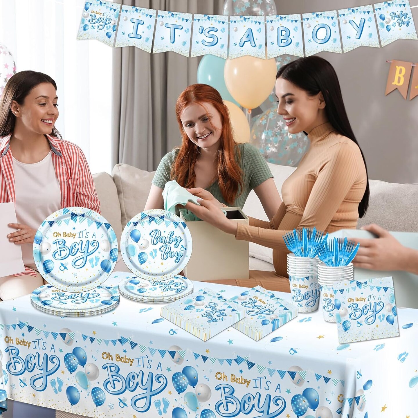 It's a Boy Baby Shower Party Supplies with Baby Boy Plates Napkins Cups Banner Tablecloth
