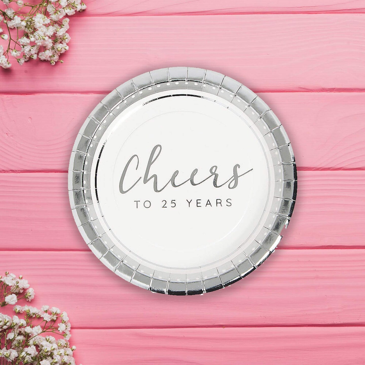 24 Ct Silver Anniversary Paper Dessert Plates 25th Party Supplies Elegant 7"