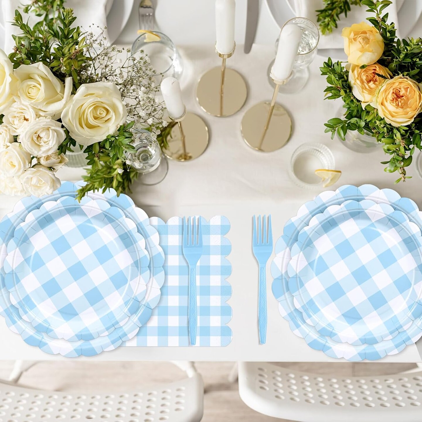 96 Pcs Blue Gingham Baby Shower Tableware 24 Guests (96 Blue Gingham)
