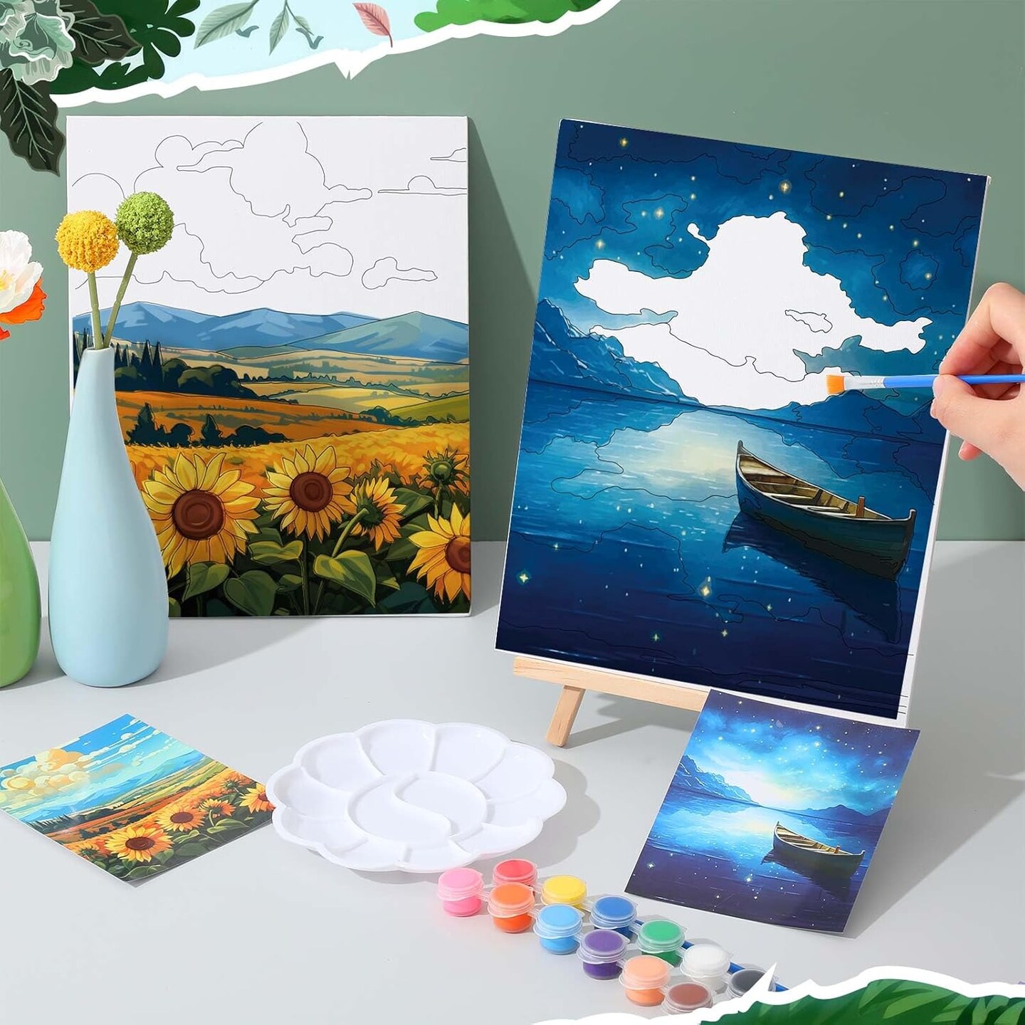 16 Sets Pre Sketched Coloring Canvas with Easels and Brushes (8x10 Inch, Landscape)