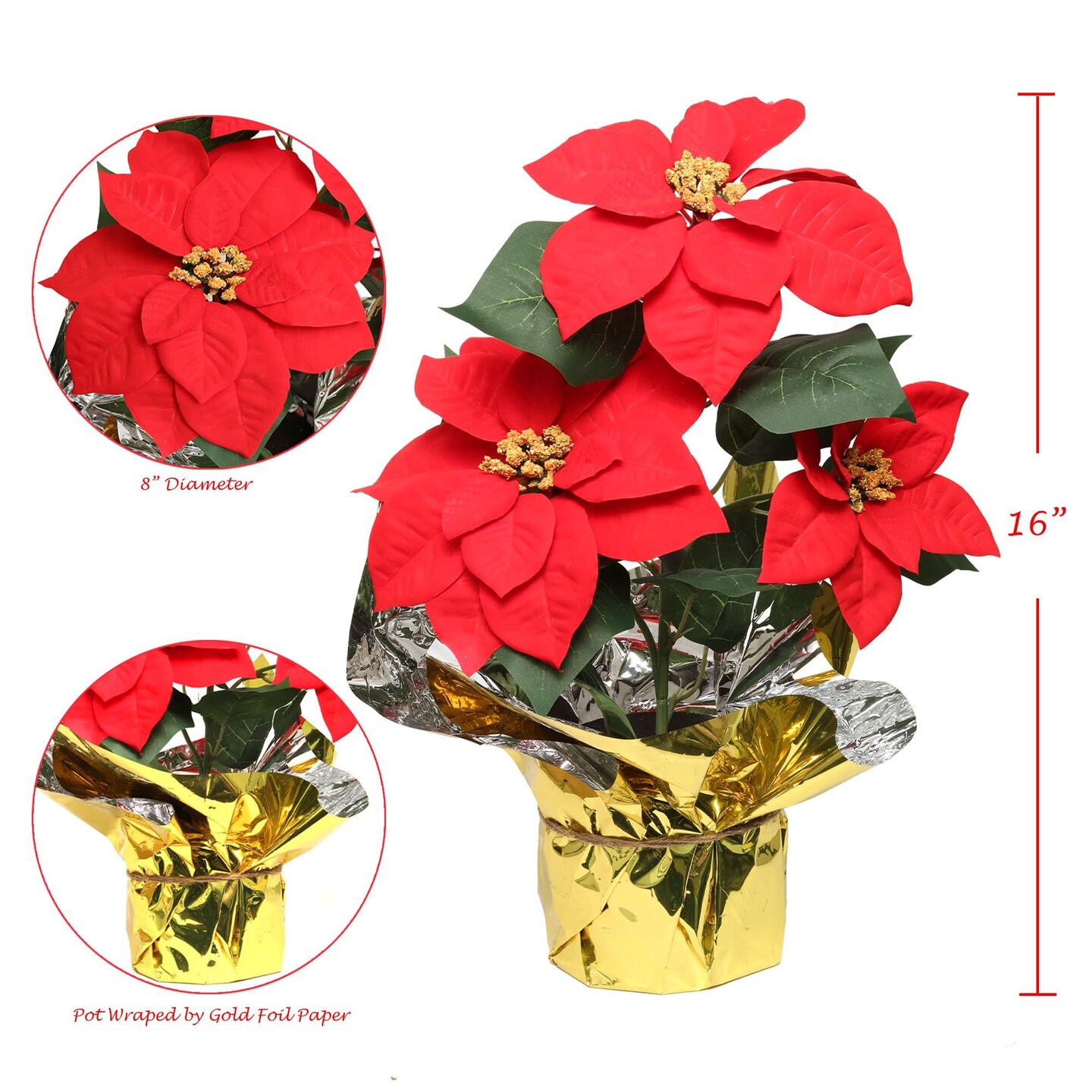 6-Pack Red Velvet Poinsettia Bush with 3 Silk Flowers in Gold Foil Pot - Lifelike Holiday Decor | Elegant Centerpiece for Tabletop &#x26; Mantel | Perfect Festive Christmas Accent - 2024 Christmas Collection, Floral Home by Artificial Flowers