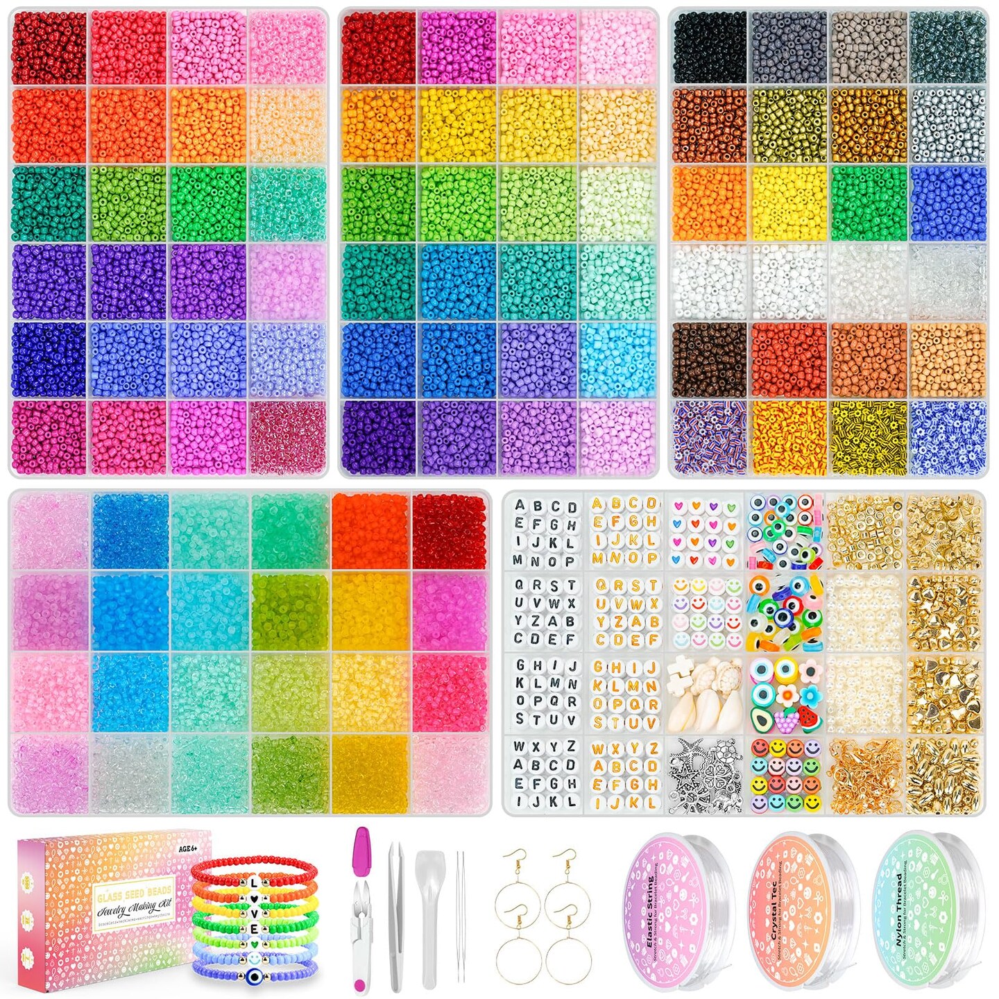 Friendship Bracelet Kit 3mm Seed Beads, 30000 Pcs 8/0 Glass Seed Beads 96 Colors Small Beads Bulk with Letter Bead Charms for Jewelry Making Girls Rings Necklaces Waist Chain DIY Craft Gift