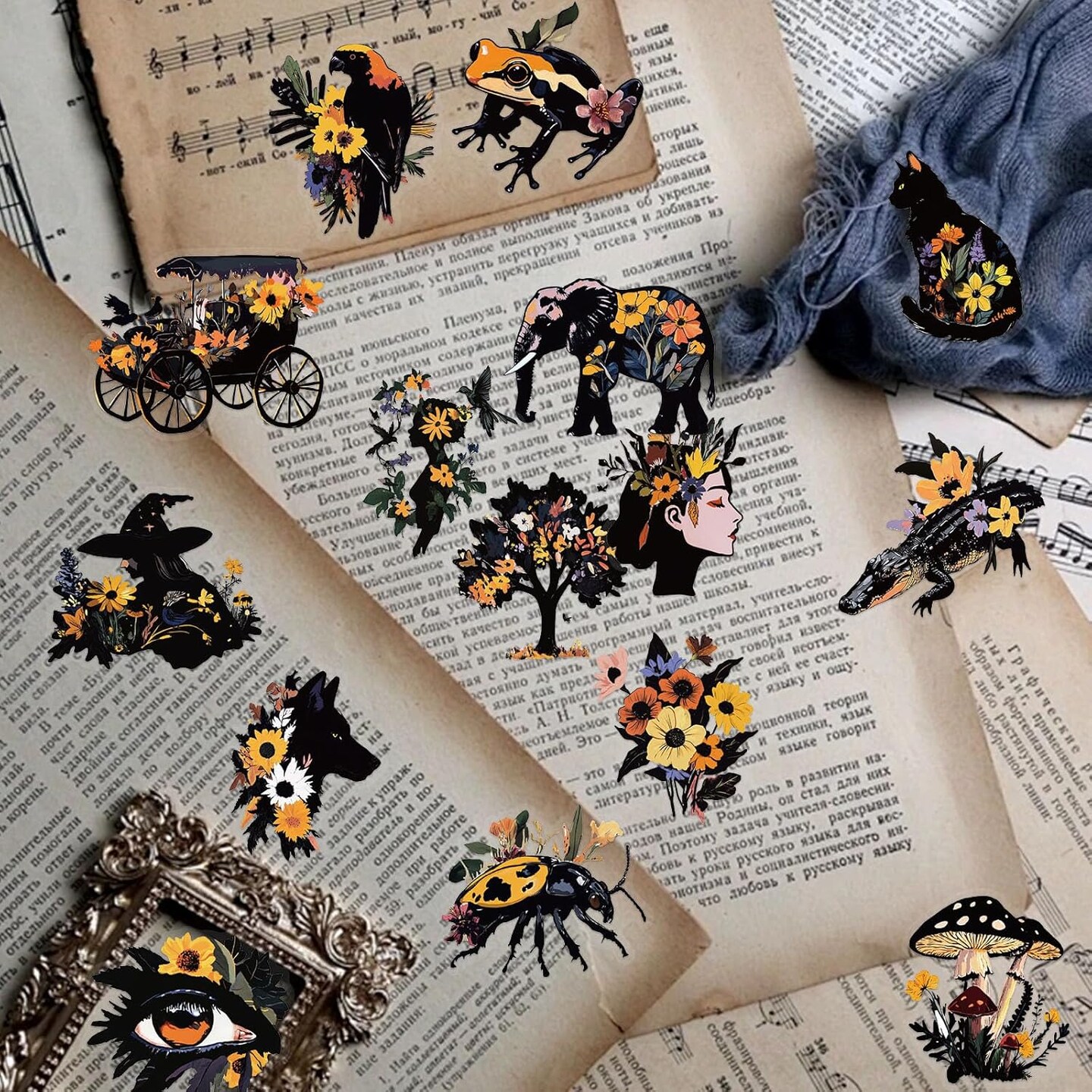 50 Pcs Vintage Boho Nature Scrapbook Stickers (Black Wildlife) 2.1 x 1.8 x 0.04 inches